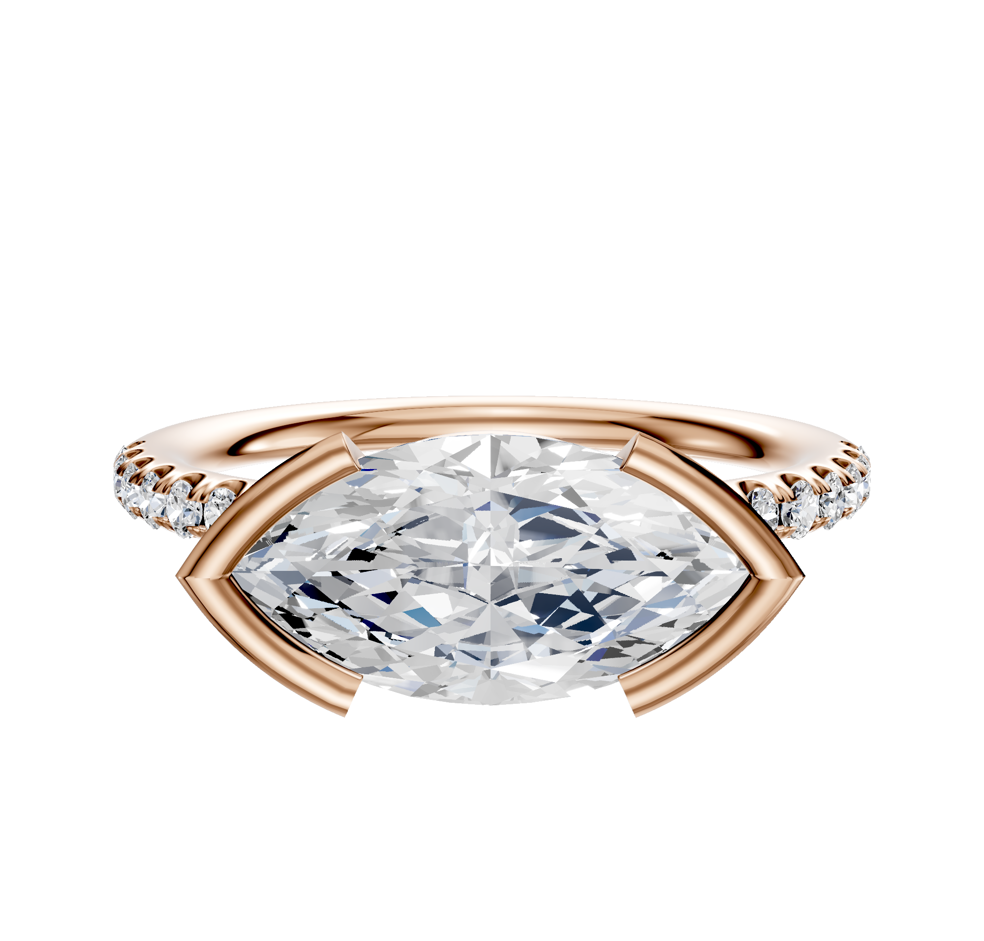 The 14K Rose Gold Bezel Half Bezel East/West Classic Dome 1-Row-Pave 2.5mm Engagement Ring features sparkling pave diamonds along the upper band and is displayed on a white background.