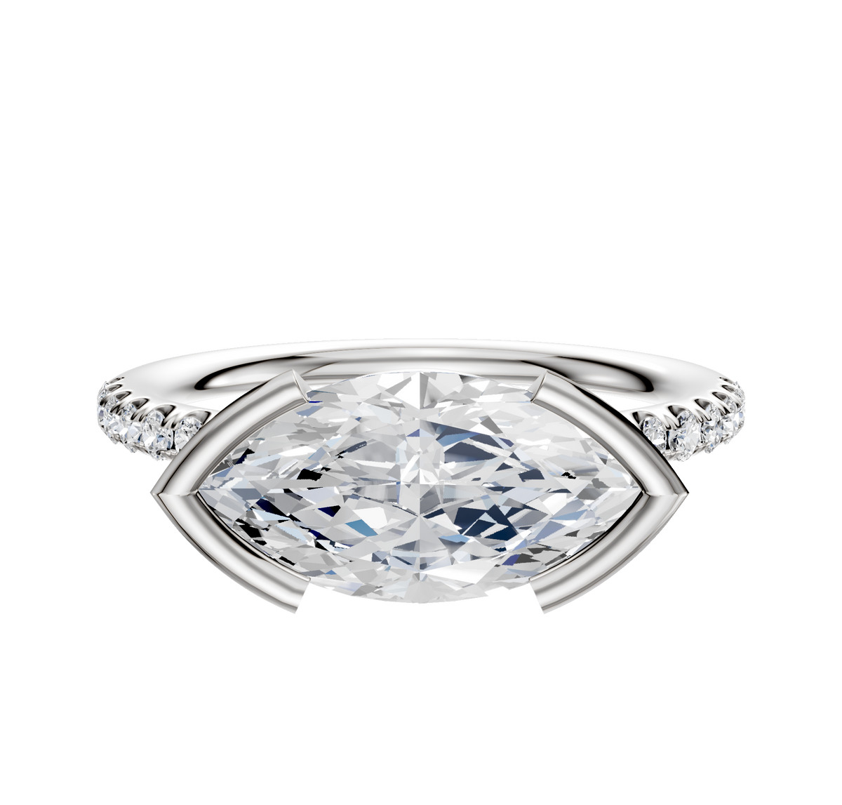 A 14K white gold engagement ring featuring a classic dome design, east/west bezel setting, and a single row of pavé-set diamonds along the 2.5mm band.
