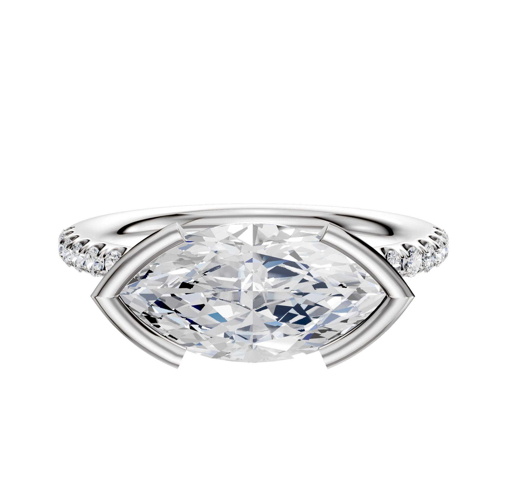 A 14K white gold engagement ring featuring a classic dome design, east/west bezel setting, and a single row of pavé-set diamonds along the 2.5mm band.