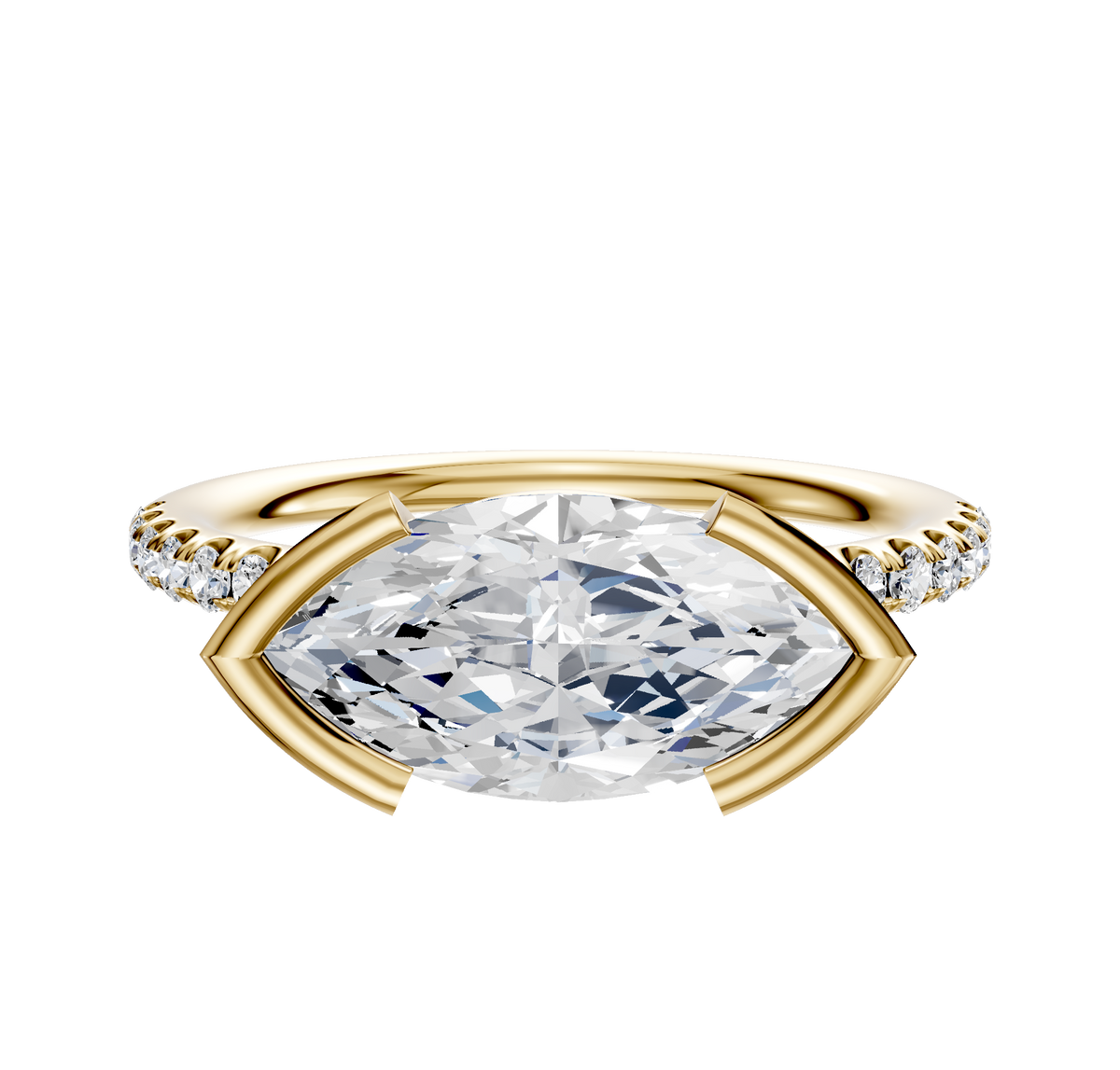 An 18K Yellow Gold East/West Classic Dome Engagement Ring featuring a 2.5mm band with a half bezel setting and one row of pave diamonds for added sparkle.