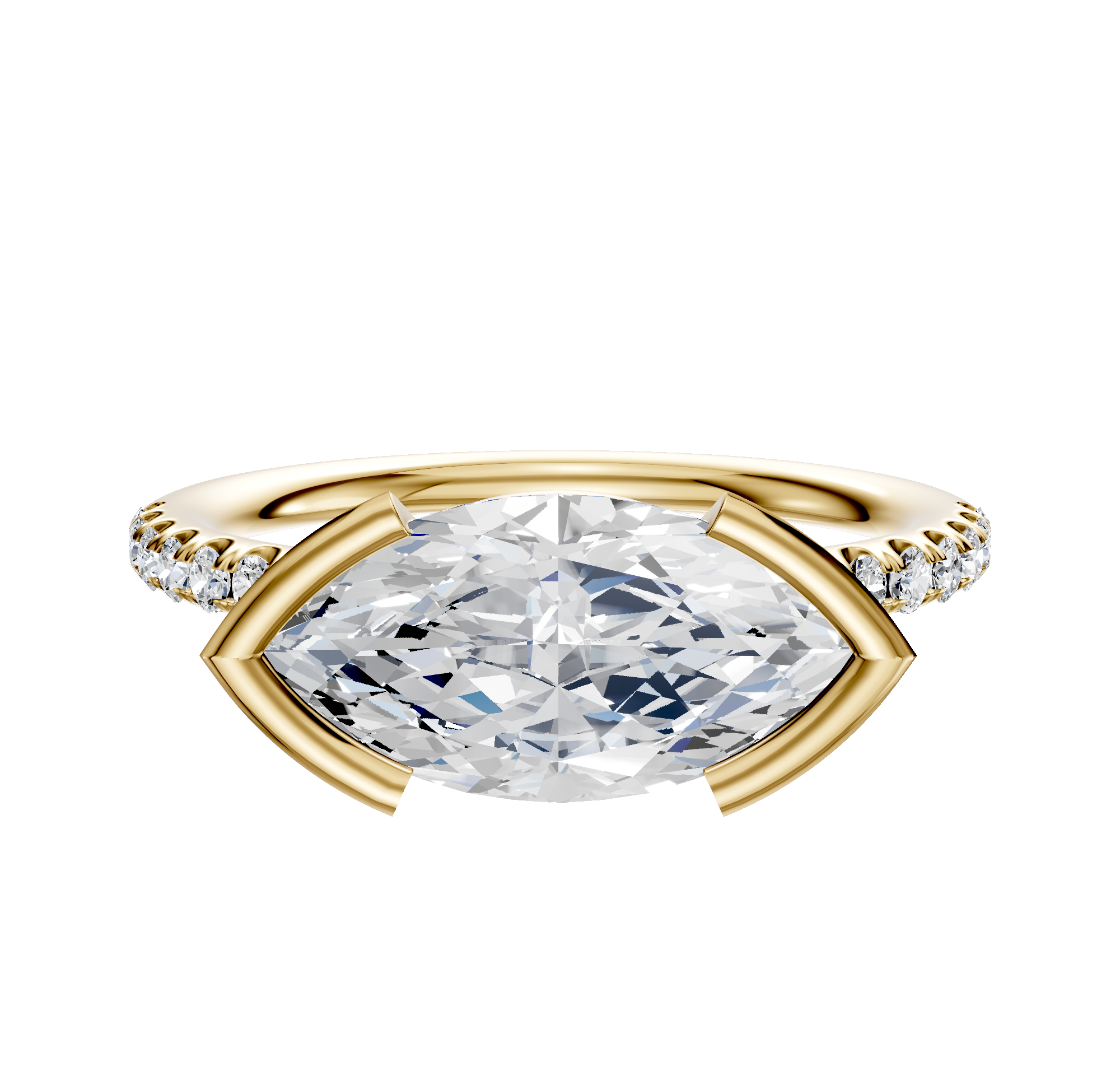 An 18K Yellow Gold East/West Classic Dome Engagement Ring featuring a 2.5mm band with a half bezel setting and one row of pave diamonds for added sparkle.