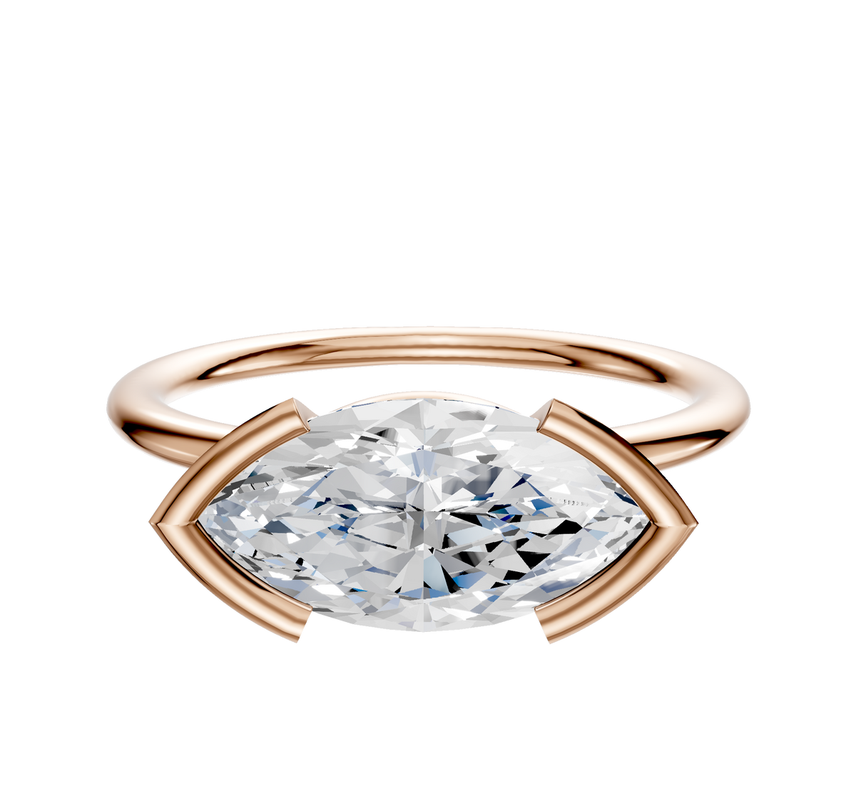 The 14K Rose Gold Bezel Half Bezel East/West Classic Dome 1.5mm Engagement Ring features a sleek, modern open setting with a marquise-cut diamond, showcased against a white background.