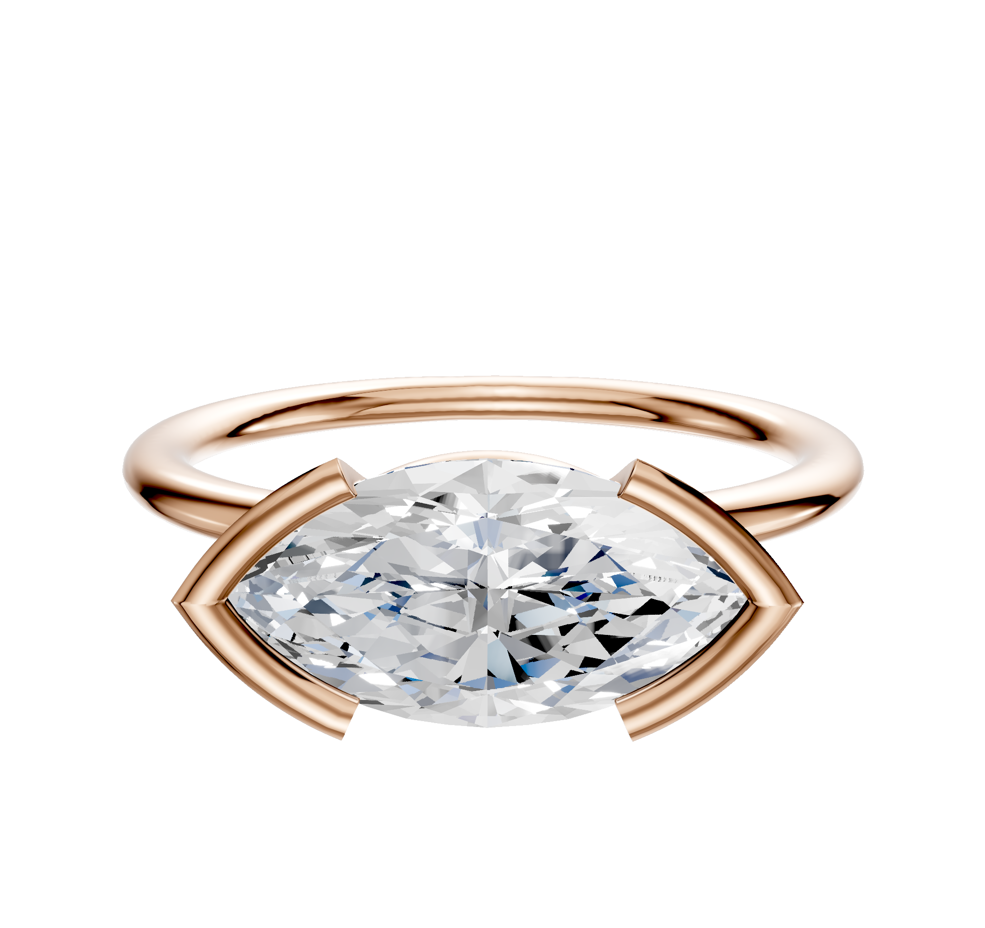 The 14K Rose Gold Bezel Half Bezel East/West Classic Dome 1.5mm Engagement Ring features a sleek, modern open setting with a marquise-cut diamond, showcased against a white background.