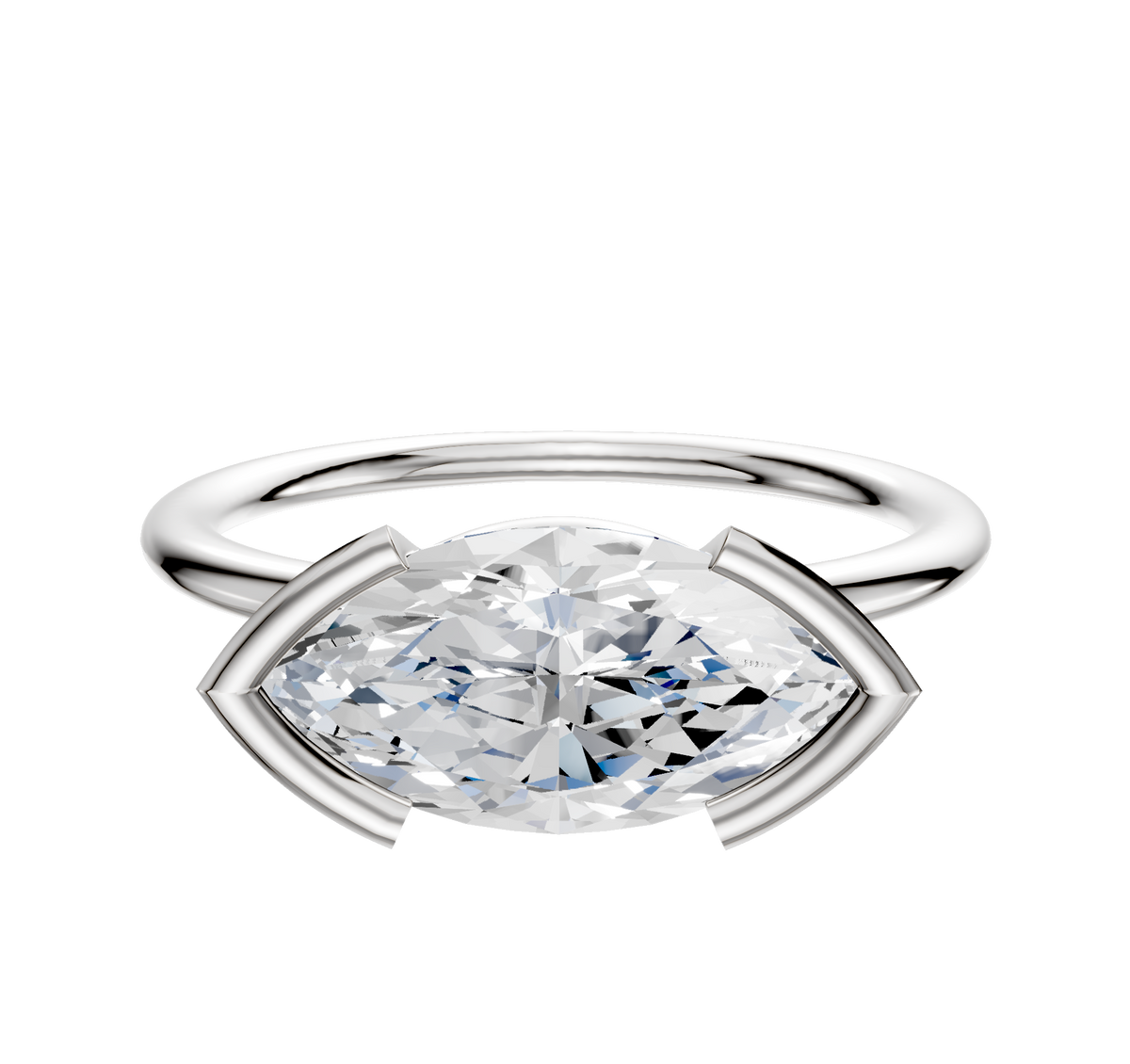 A 14K white gold East/West Classic Dome engagement ring with a 1.5mm band, featuring a large oval-cut white gemstone in a modern half bezel setting, displayed against a plain white background.