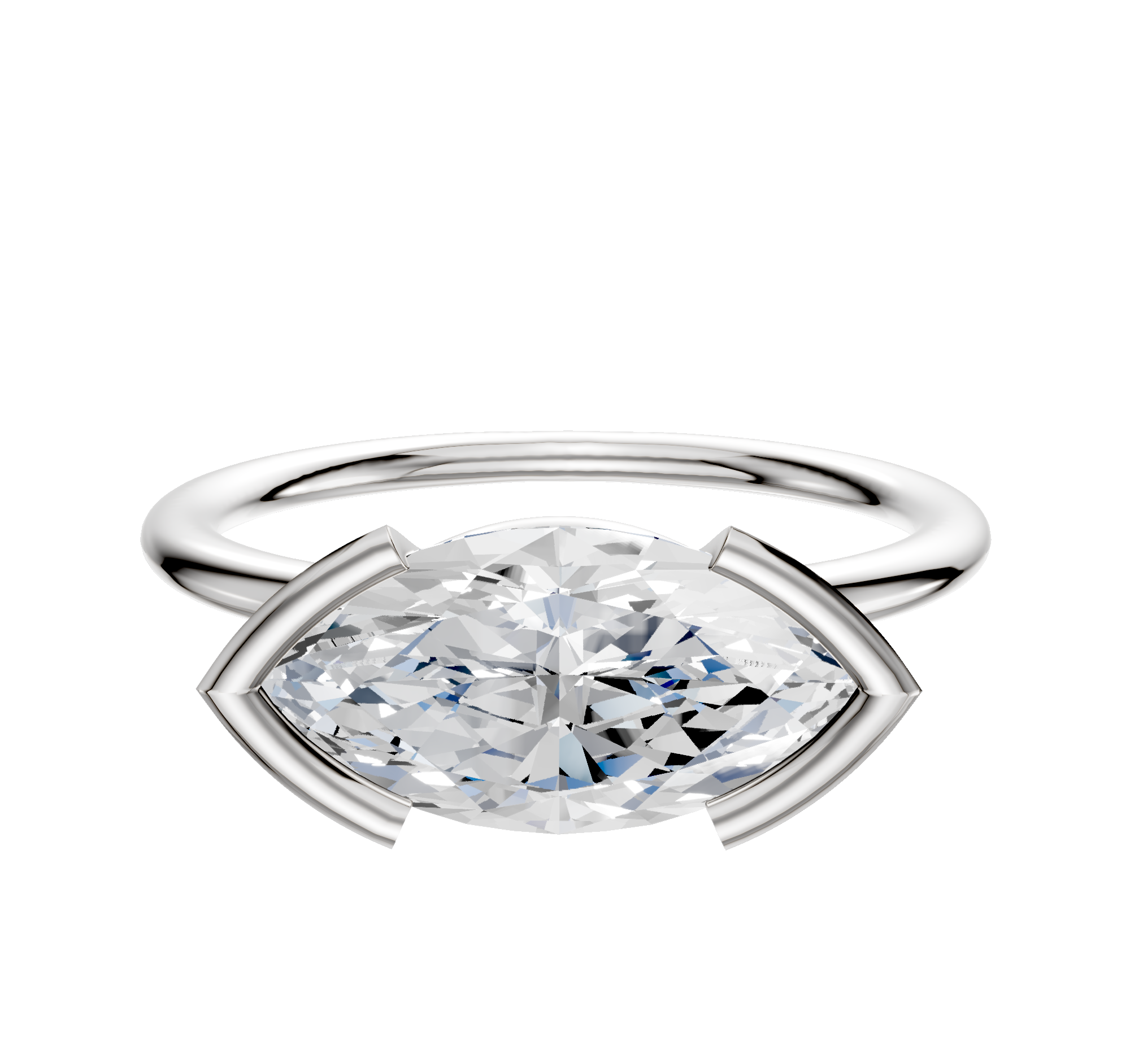 A 14K white gold East/West Classic Dome engagement ring with a 1.5mm band, featuring a large oval-cut white gemstone in a modern half bezel setting, displayed against a plain white background.