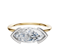 The 18K Two Tone Bezel Half Bezel East/West Classic Dome 1.5mm Engagement Ring features a horizontally set diamond in a modern, two-tone gold and silver bezel setting, showcased against a plain white background.