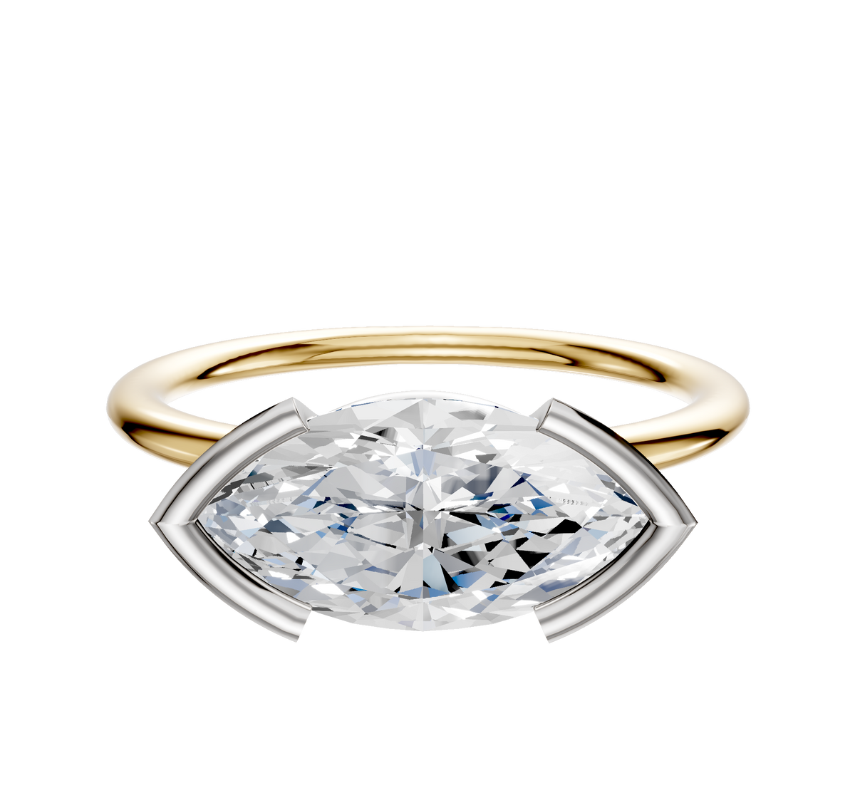 The 18K Two Tone Bezel Half Bezel East/West Classic Dome 1.5mm Engagement Ring features a horizontally set diamond in a modern, two-tone gold and silver bezel setting, showcased against a plain white background.