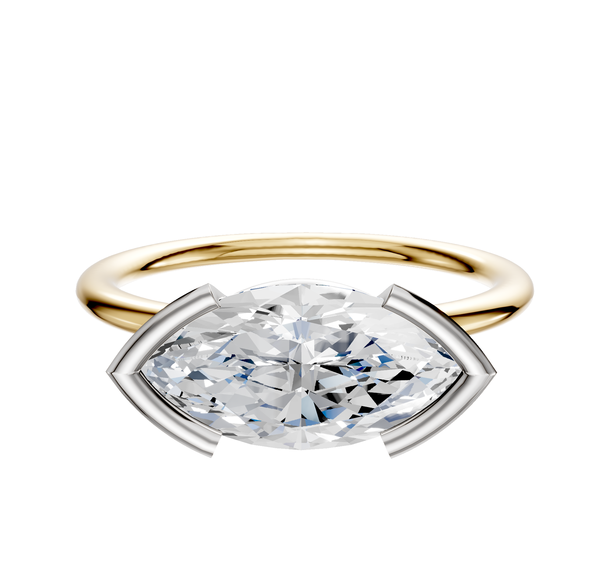 The 18K Two Tone Bezel Half Bezel East/West Classic Dome 1.5mm Engagement Ring features a horizontally set diamond in a modern, two-tone gold and silver bezel setting, showcased against a plain white background.