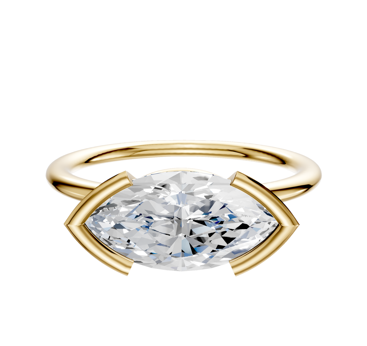The 18K Yellow Gold Bezel Half Bezel East/West Classic Dome 1.5mm Engagement Ring features a large, horizontally set oval gemstone secured by two curved gold prongs on each end, shown against a white background.