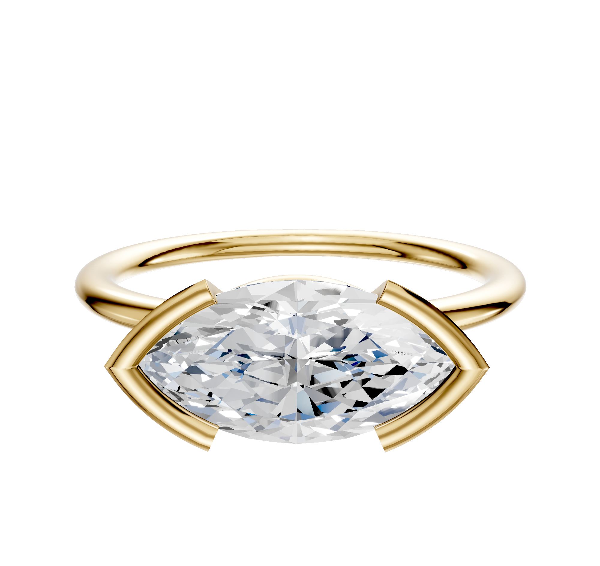 The 18K Yellow Gold Bezel Half Bezel East/West Classic Dome 1.5mm Engagement Ring features a large, horizontally set oval gemstone secured by two curved gold prongs on each end, shown against a white background.