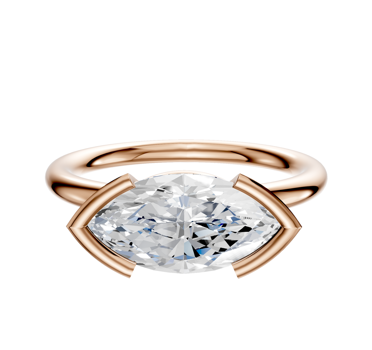 A 14K rose gold Bezel Half Bezel East/West Classic Dome 2.0mm engagement ring is shown, featuring a marquise-cut diamond set horizontally, displayed against a white background.