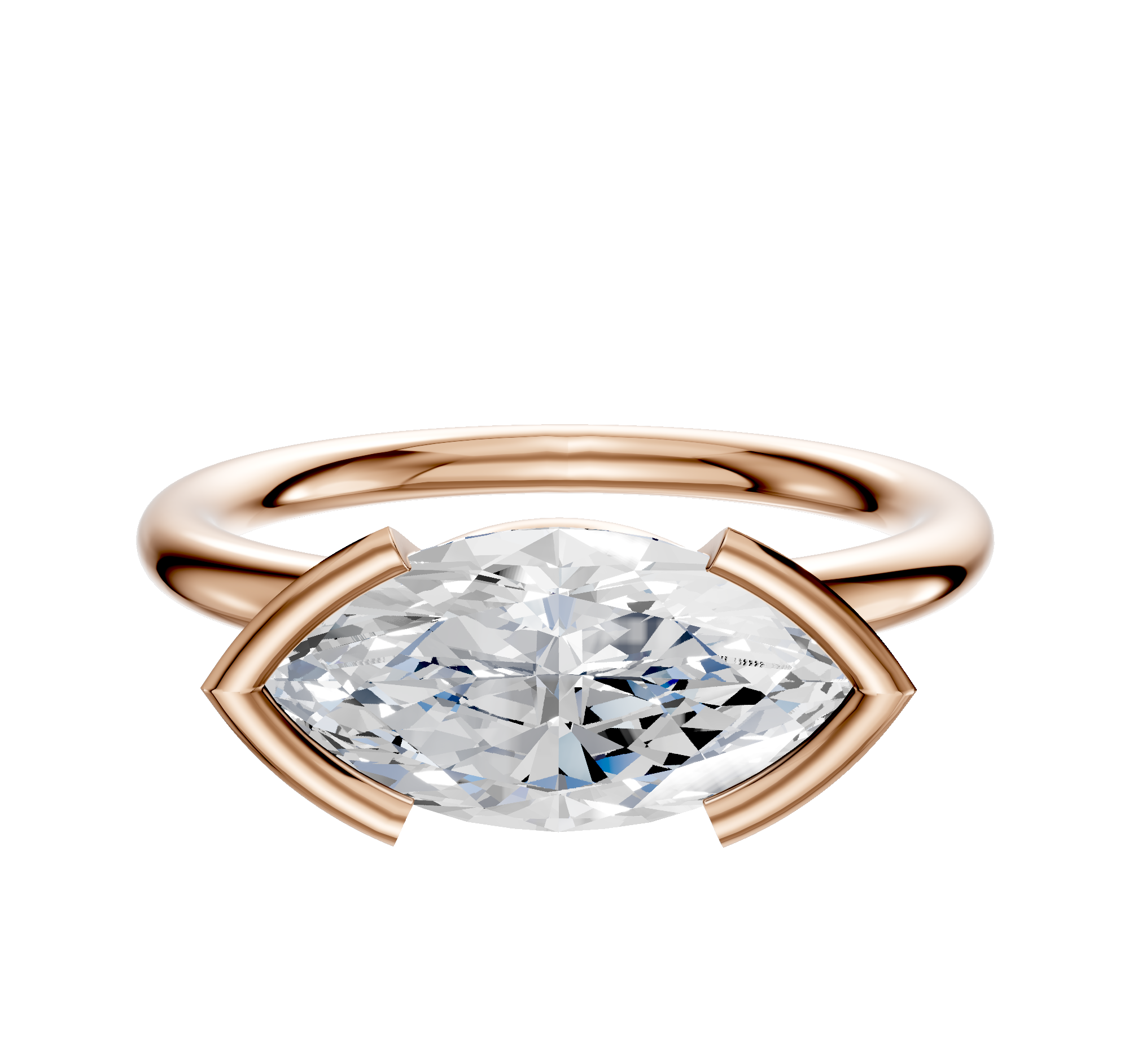 A 14K rose gold Bezel Half Bezel East/West Classic Dome 2.0mm engagement ring is shown, featuring a marquise-cut diamond set horizontally, displayed against a white background.
