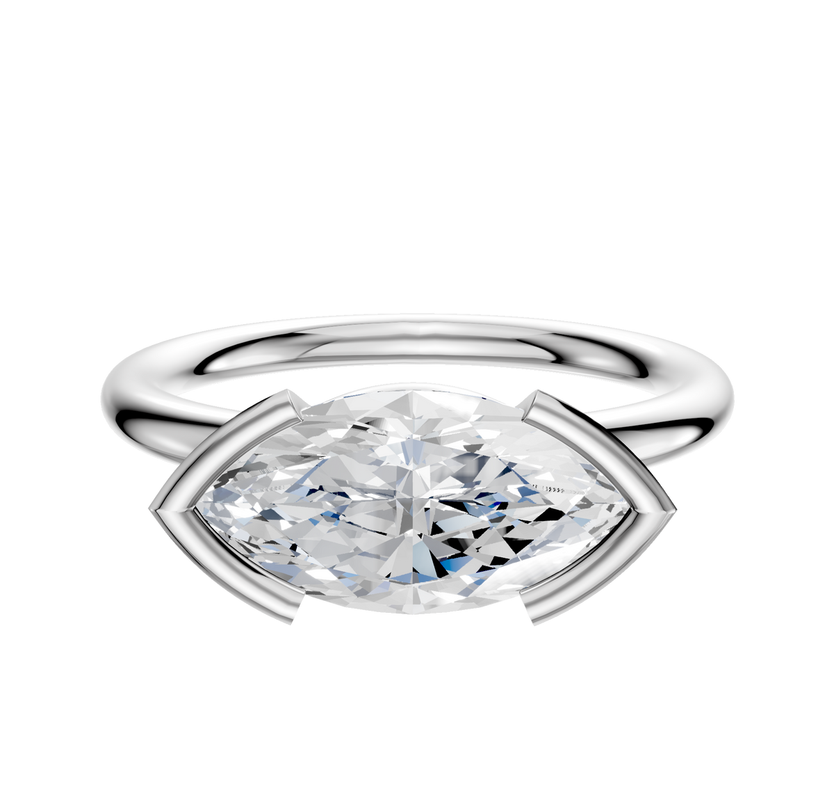 A 14K white gold bezel half bezel engagement ring with a classic dome 2.0mm band, featuring an east/west set center stone, displayed against a plain white background.