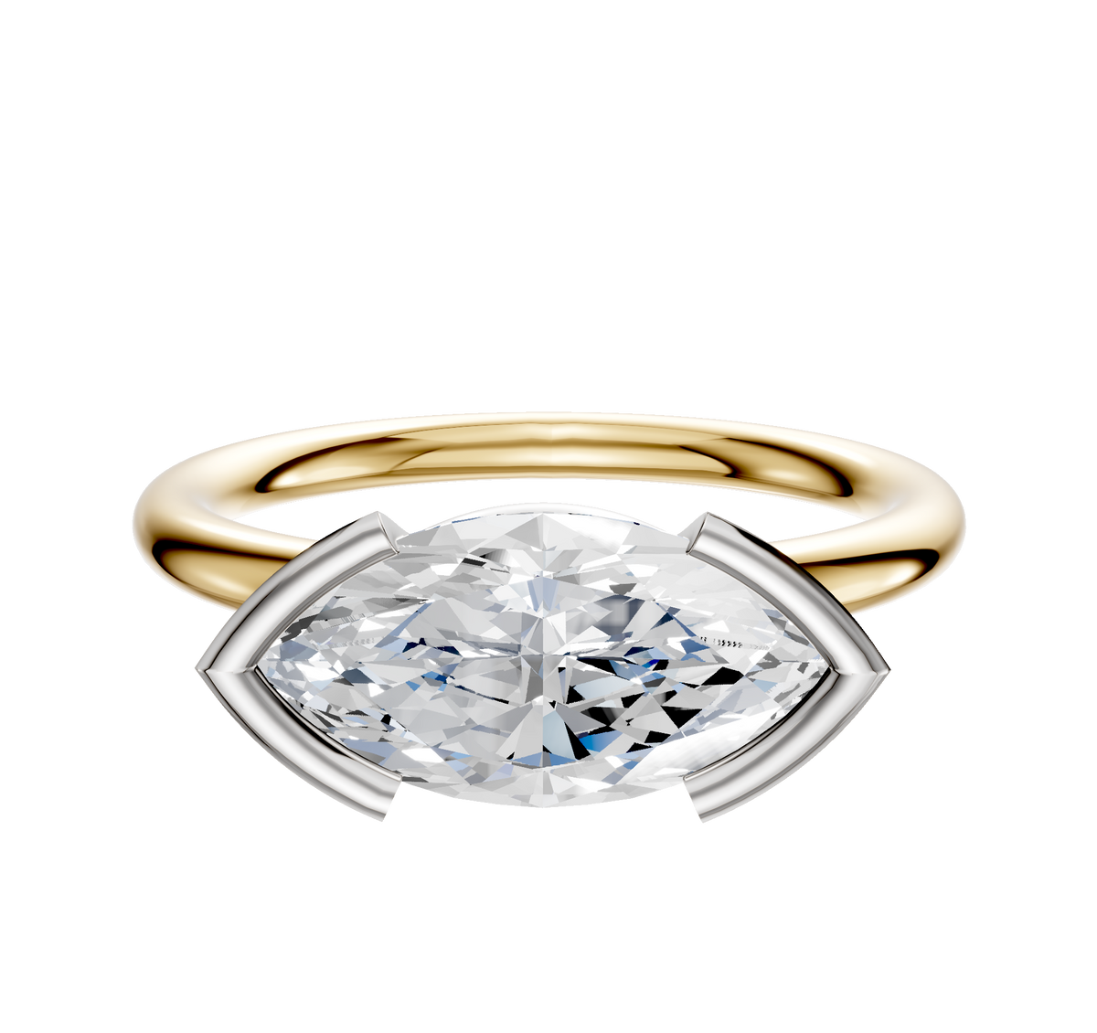 A 14K two tone Bezel Half Bezel East/West Classic Dome 2.0mm engagement ring is showcased, featuring a marquise-shaped diamond in a white metal four-prong setting, displayed on a plain white background.