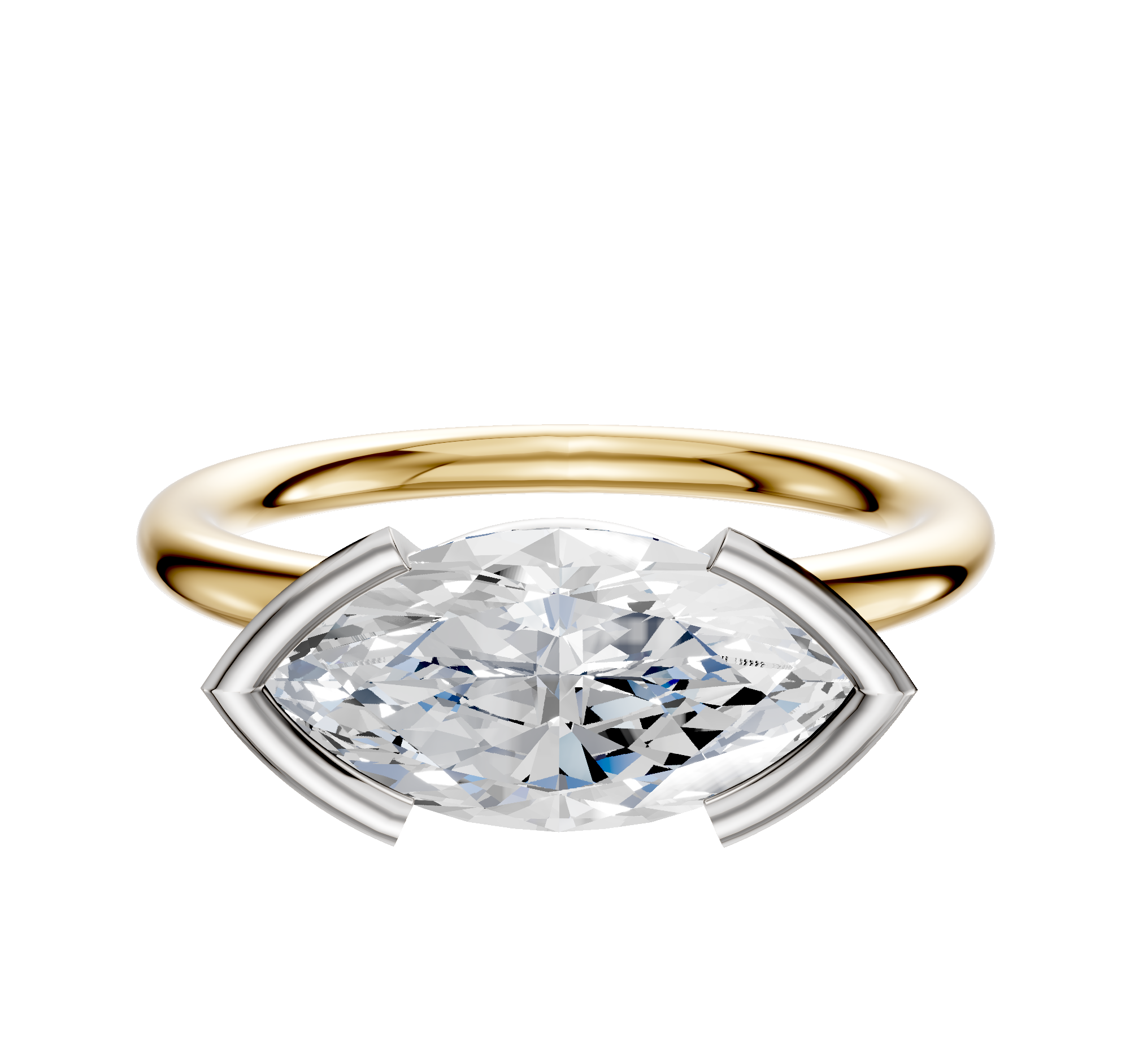 A 14K two tone Bezel Half Bezel East/West Classic Dome 2.0mm engagement ring is showcased, featuring a marquise-shaped diamond in a white metal four-prong setting, displayed on a plain white background.