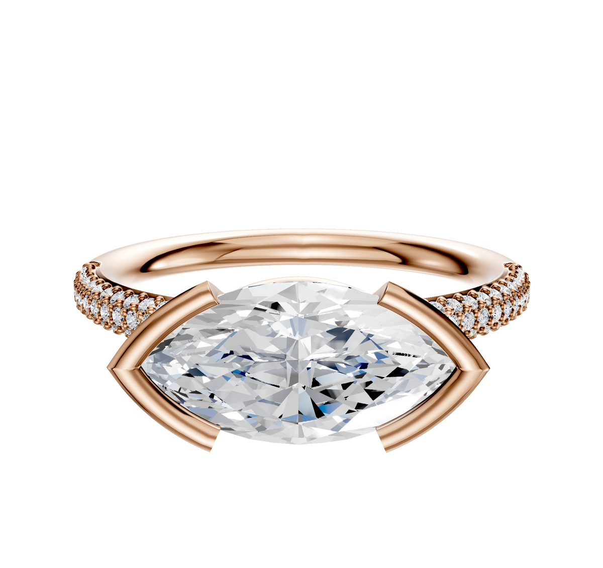 A 14K rose gold engagement ring featuring a classic dome band, east/west bezel-set center stone, and three rows of 2.0mm pave diamonds.