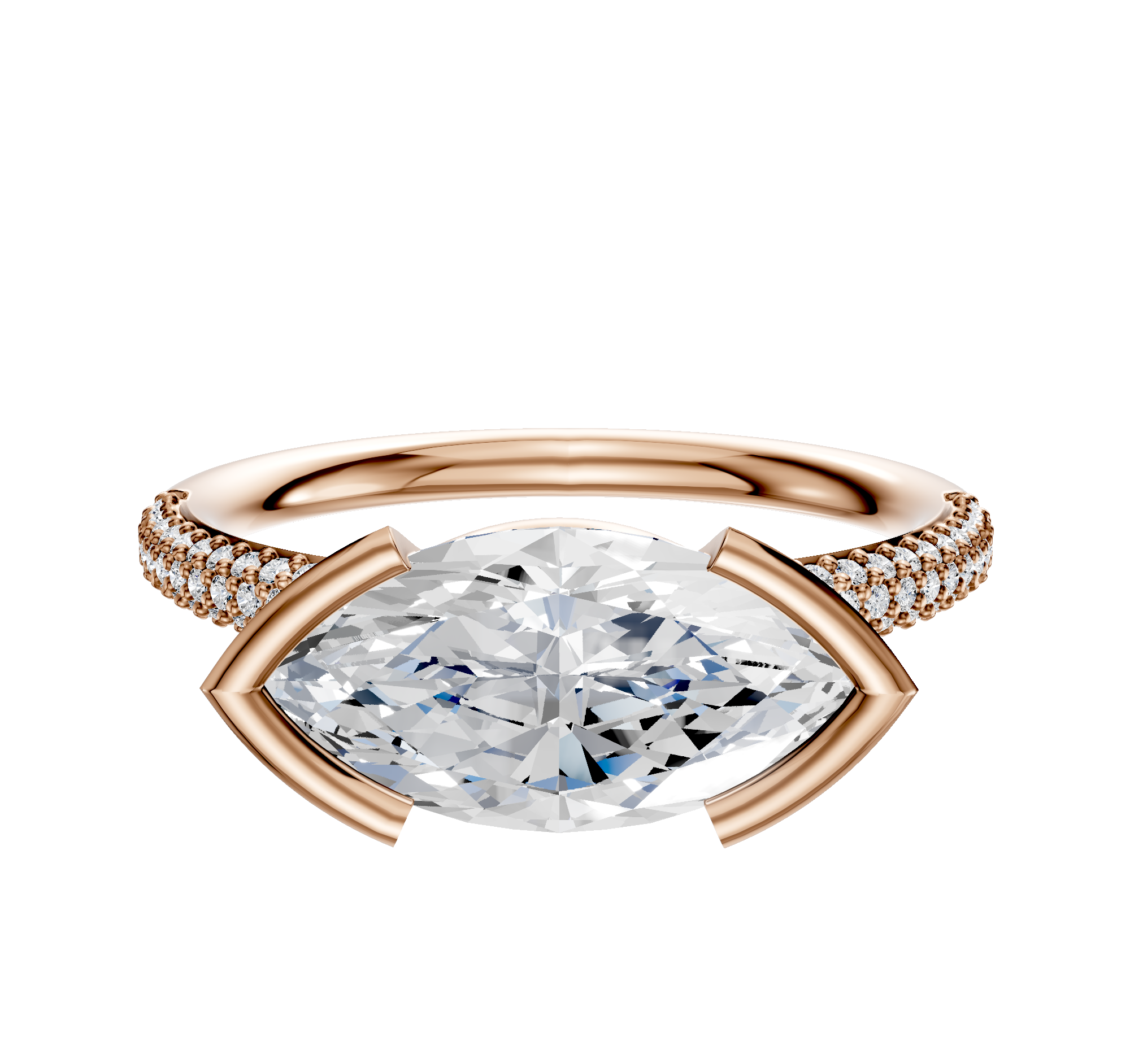 A 14K rose gold engagement ring featuring a classic dome band, east/west bezel-set center stone, and three rows of 2.0mm pave diamonds.