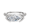 A 14K white gold engagement ring with a classic dome design, featuring east/west bezel and half bezel settings, plus three rows of 2.0mm pave diamonds along the band.