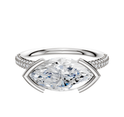A 14K white gold engagement ring with a classic dome design, featuring east/west bezel and half bezel settings, plus three rows of 2.0mm pave diamonds along the band.