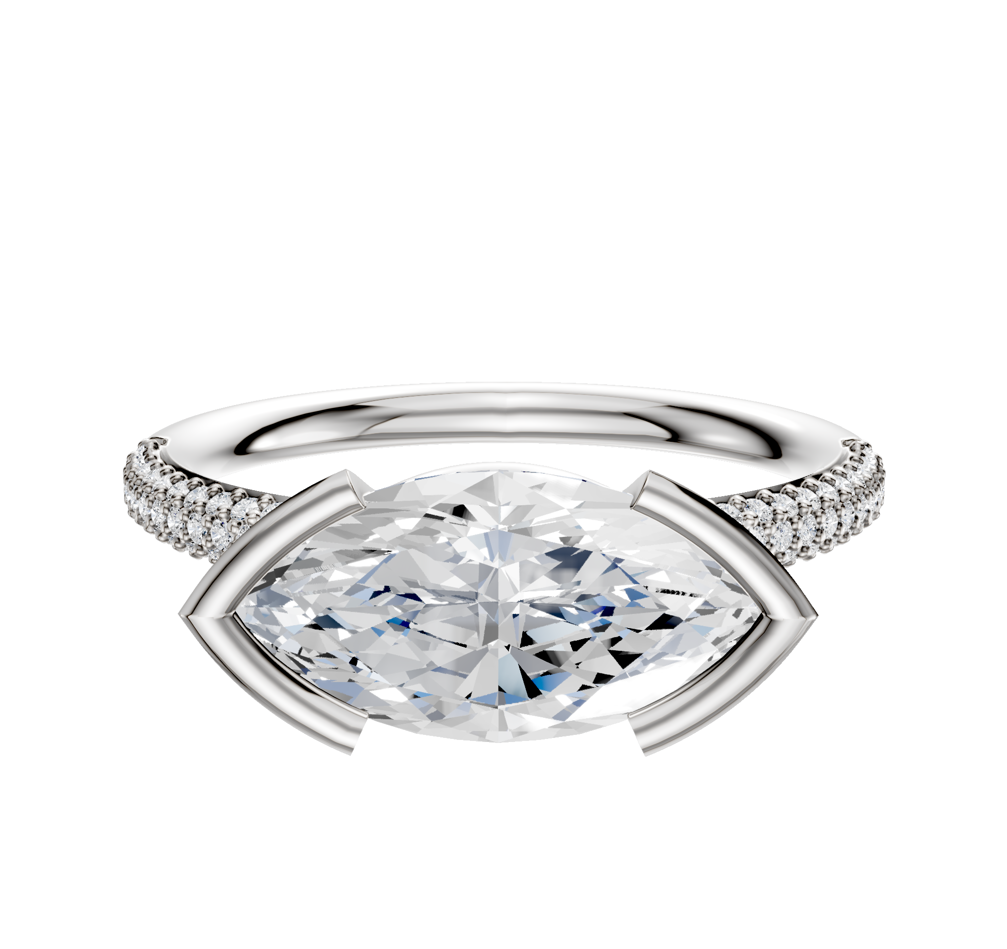 A 14K white gold engagement ring with a classic dome design, featuring east/west bezel and half bezel settings, plus three rows of 2.0mm pave diamonds along the band.