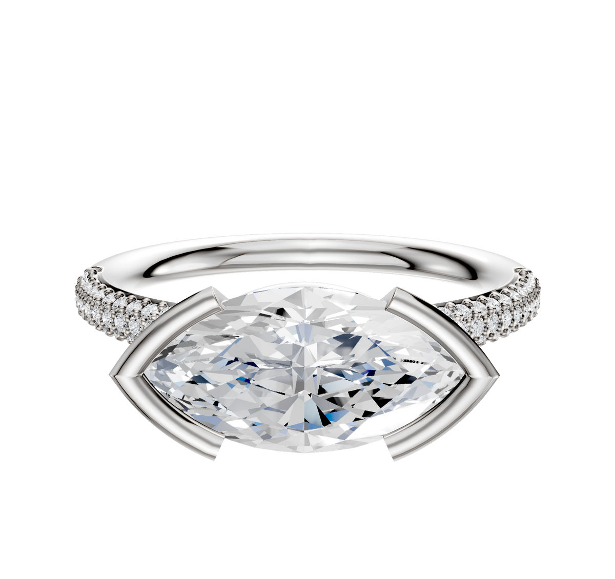 The 14K Two Tone Bezel Half Bezel East/West Classic Dome Engagement Ring features a 3-row pave band with sparkling diamonds and a striking east/west set centerpiece, crafted in elegant two-tone gold.