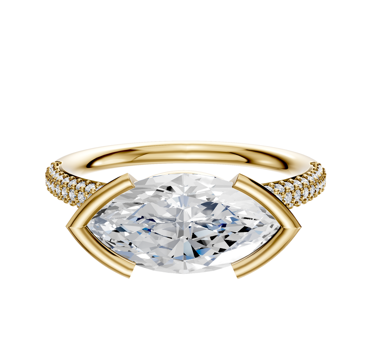 An 18K yellow gold East/West classic dome engagement ring featuring a marquise center diamond and triple rows of 2.0mm pave diamonds along the half bezel band.