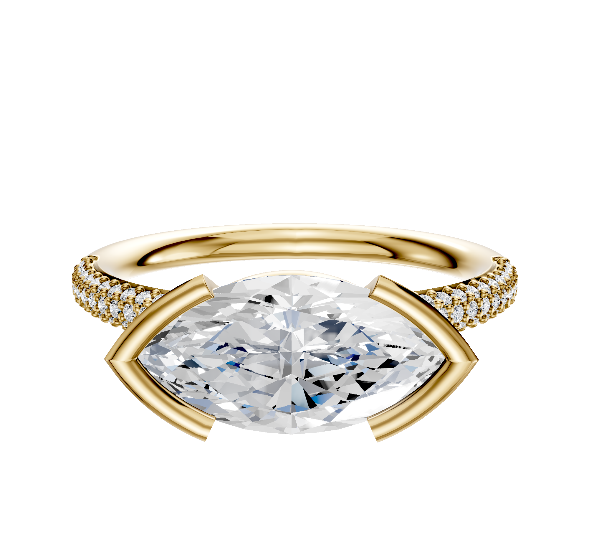 An 18K yellow gold East/West classic dome engagement ring featuring a marquise center diamond and triple rows of 2.0mm pave diamonds along the half bezel band.