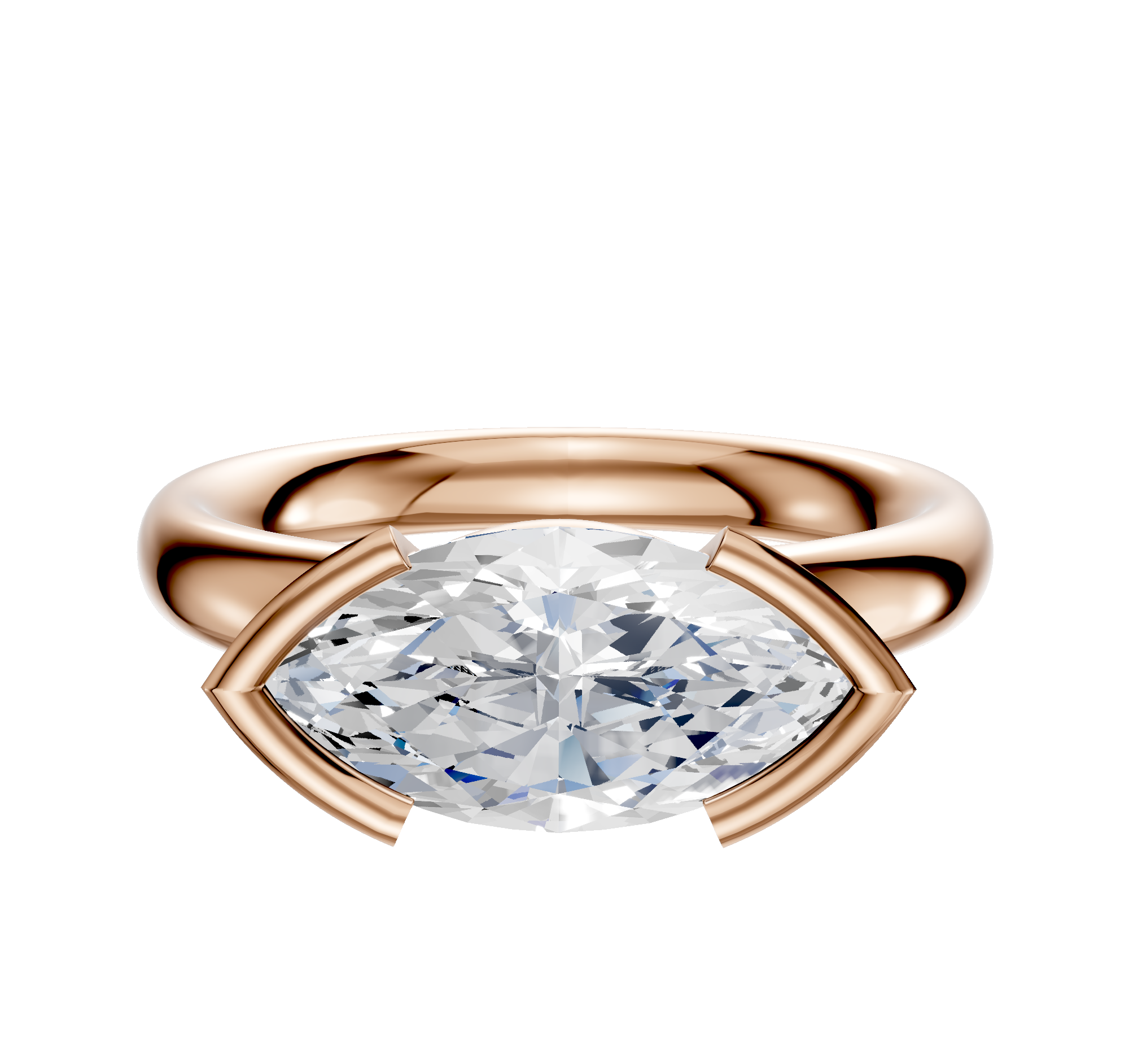 The 14K Rose Gold Bezel Half Bezel East/West Classic Dome 3.0mm Engagement Ring showcases a large, horizontally set marquise-cut diamond in a modern partial bezel on a plain white background.