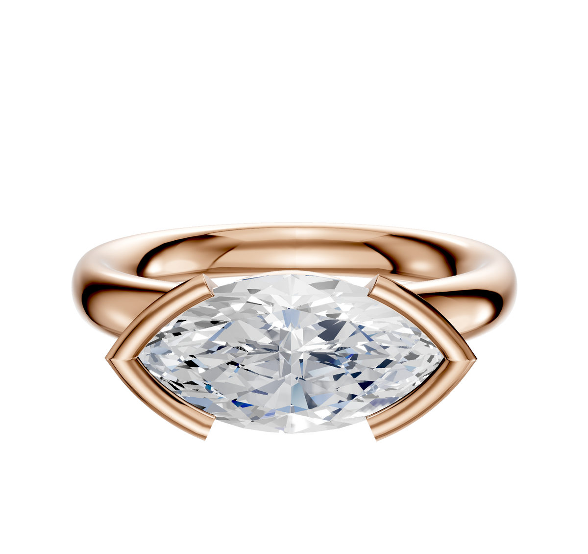 The 18K Rose Gold Bezel Half Bezel East/West Classic Dome 3.0mm Engagement Ring features a marquise diamond set horizontally in a modern bezel setting, shown against a plain white background.