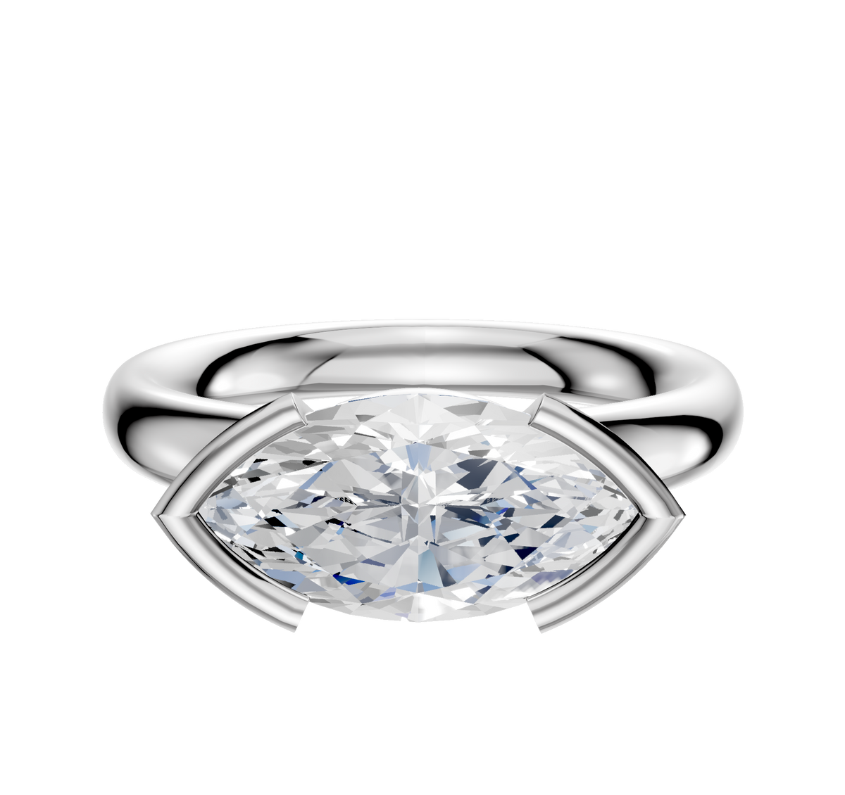 A 14K white gold engagement ring showcases a classic dome design with a 3.0mm marquise-cut diamond set in an east/west half bezel on a minimalist band, displayed against a plain white background.