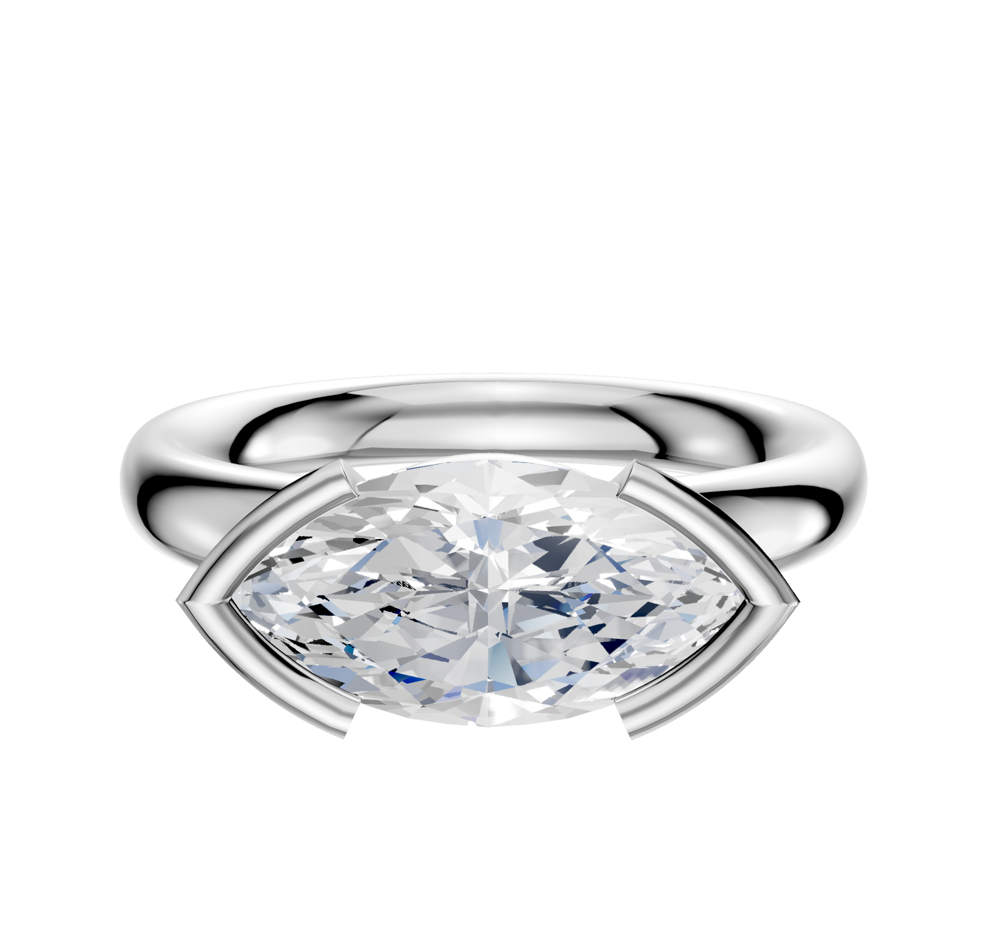 A 14K white gold engagement ring showcases a classic dome design with a 3.0mm marquise-cut diamond set in an east/west half bezel on a minimalist band, displayed against a plain white background.