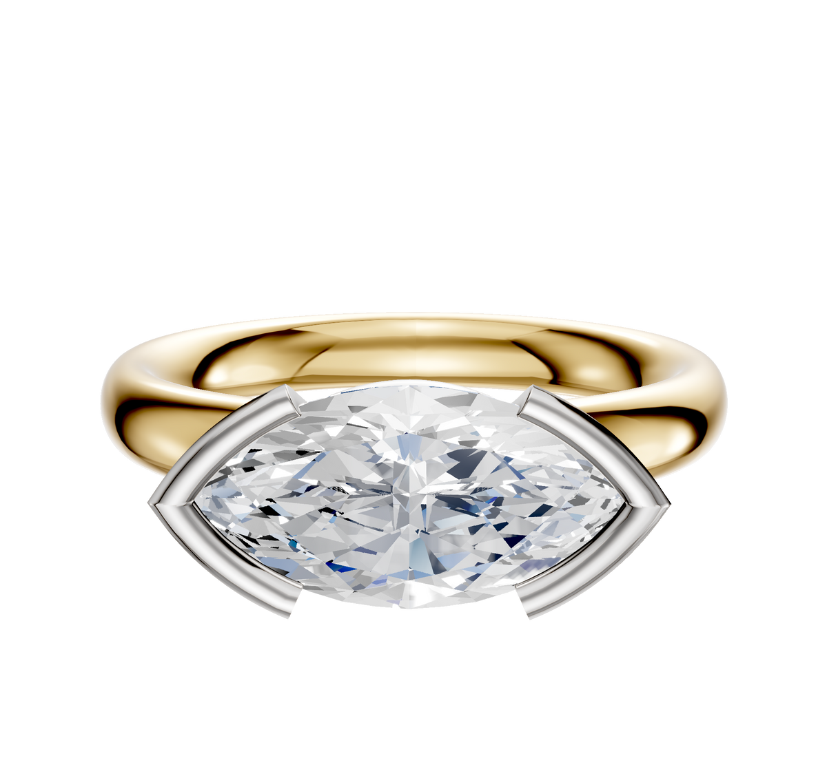 A 14K two-tone Bezel Half Bezel East/West Classic Dome 3.0mm engagement ring, featuring a marquise-cut diamond in a distinctive four-prong setting, is displayed against a plain white background.