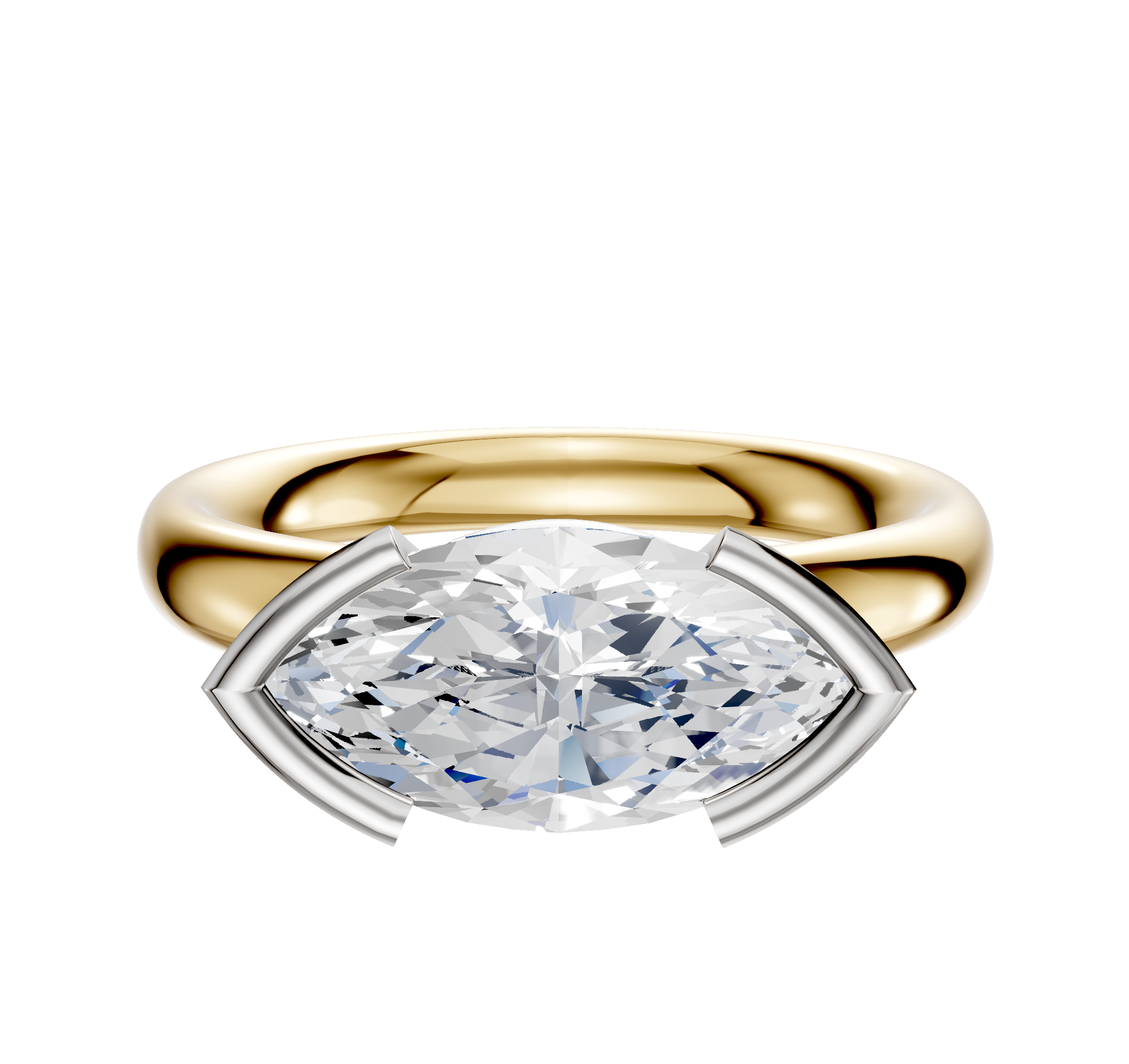 A 14K two-tone Bezel Half Bezel East/West Classic Dome 3.0mm engagement ring, featuring a marquise-cut diamond in a distinctive four-prong setting, is displayed against a plain white background.