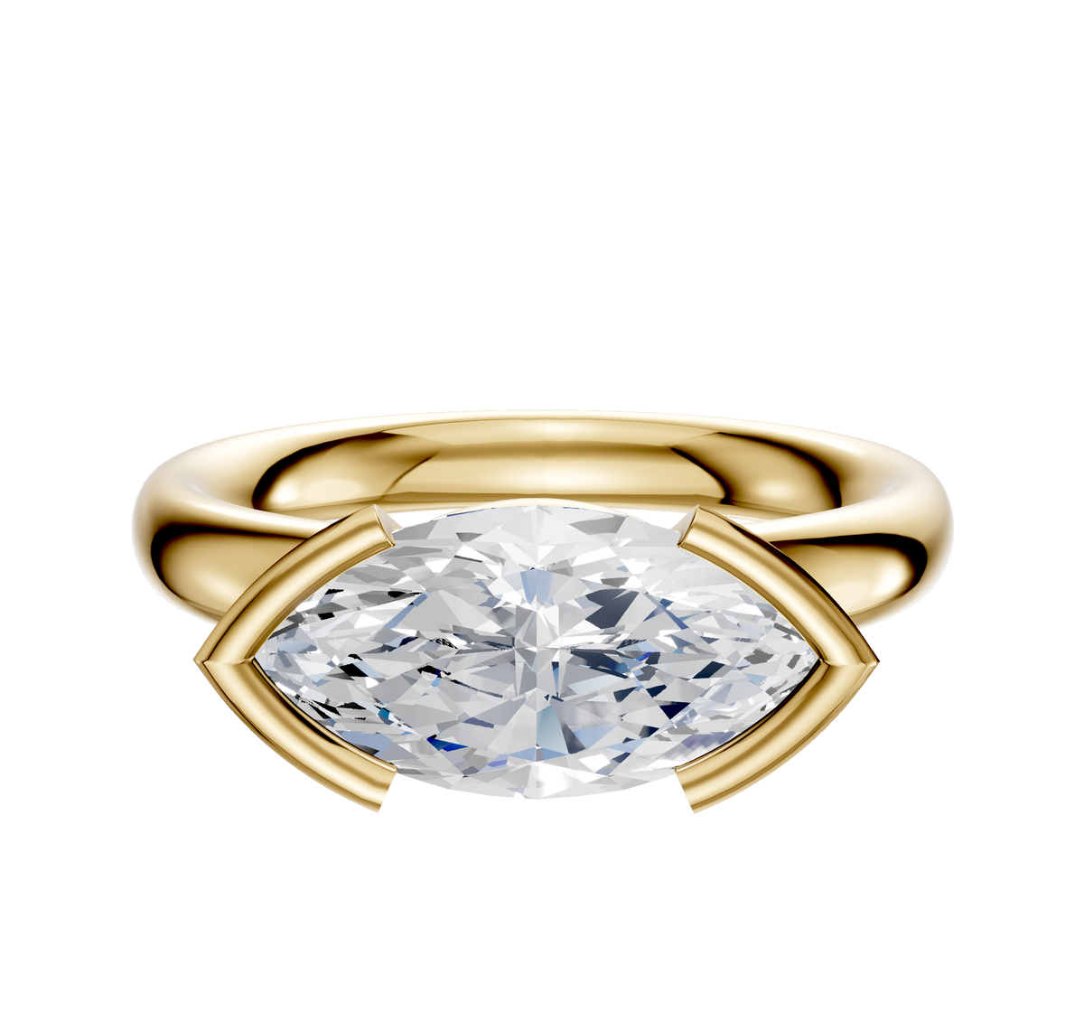 An 18K yellow gold Bezel Half Bezel East/West Classic Dome 3.0mm engagement ring features a marquise-cut diamond set horizontally in a modern bezel-style setting, displayed against a plain white background.