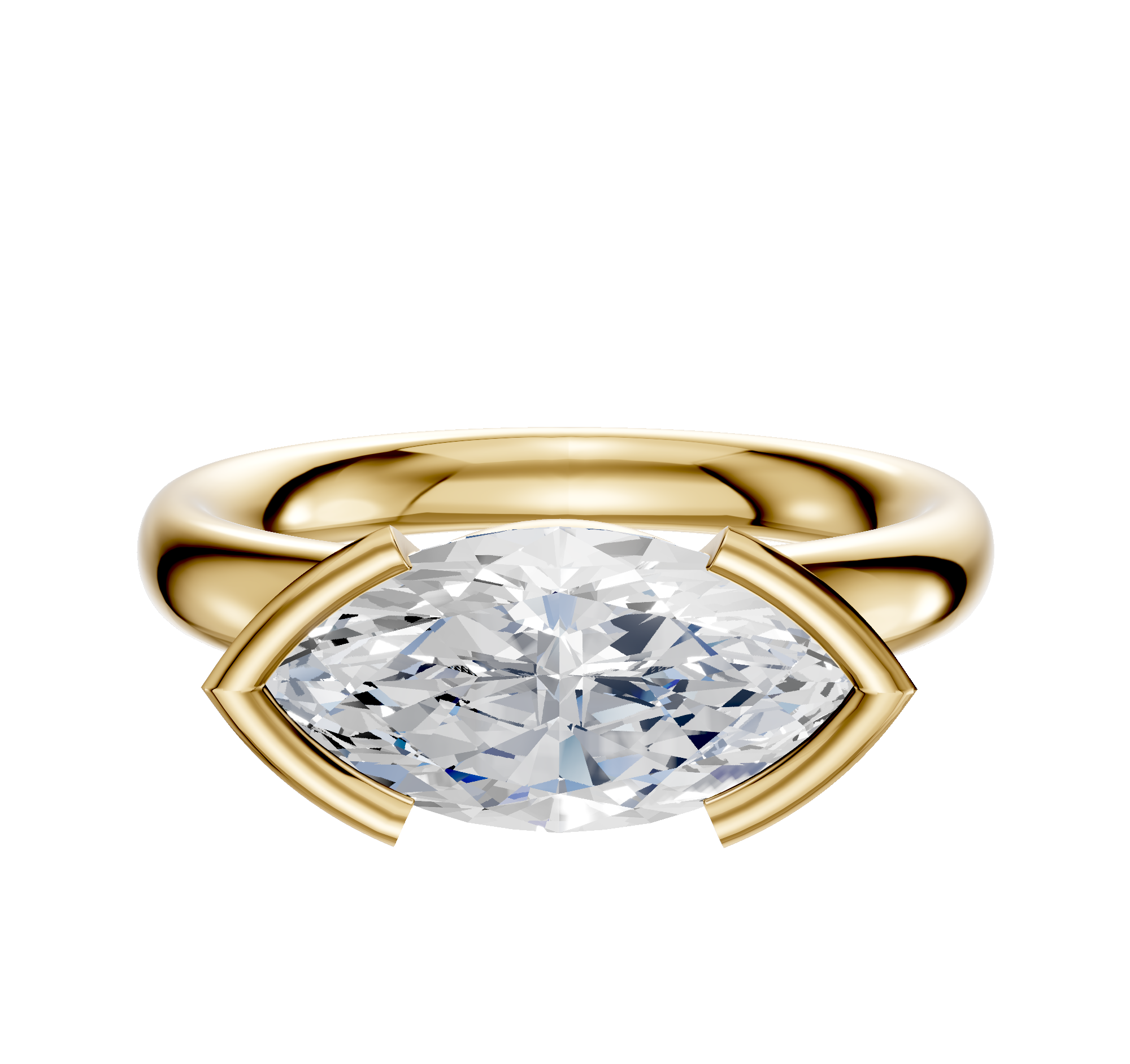 An 18K yellow gold Bezel Half Bezel East/West Classic Dome 3.0mm engagement ring features a marquise-cut diamond set horizontally in a modern bezel-style setting, displayed against a plain white background.