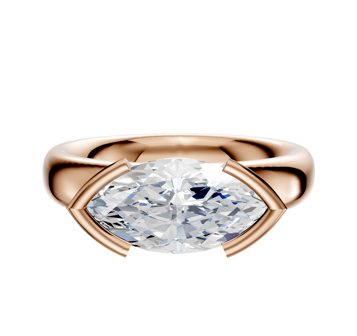An 18K rose gold engagement ring featuring a 4.0mm gemstone in an east/west classic dome half bezel setting, shown on a plain white background.