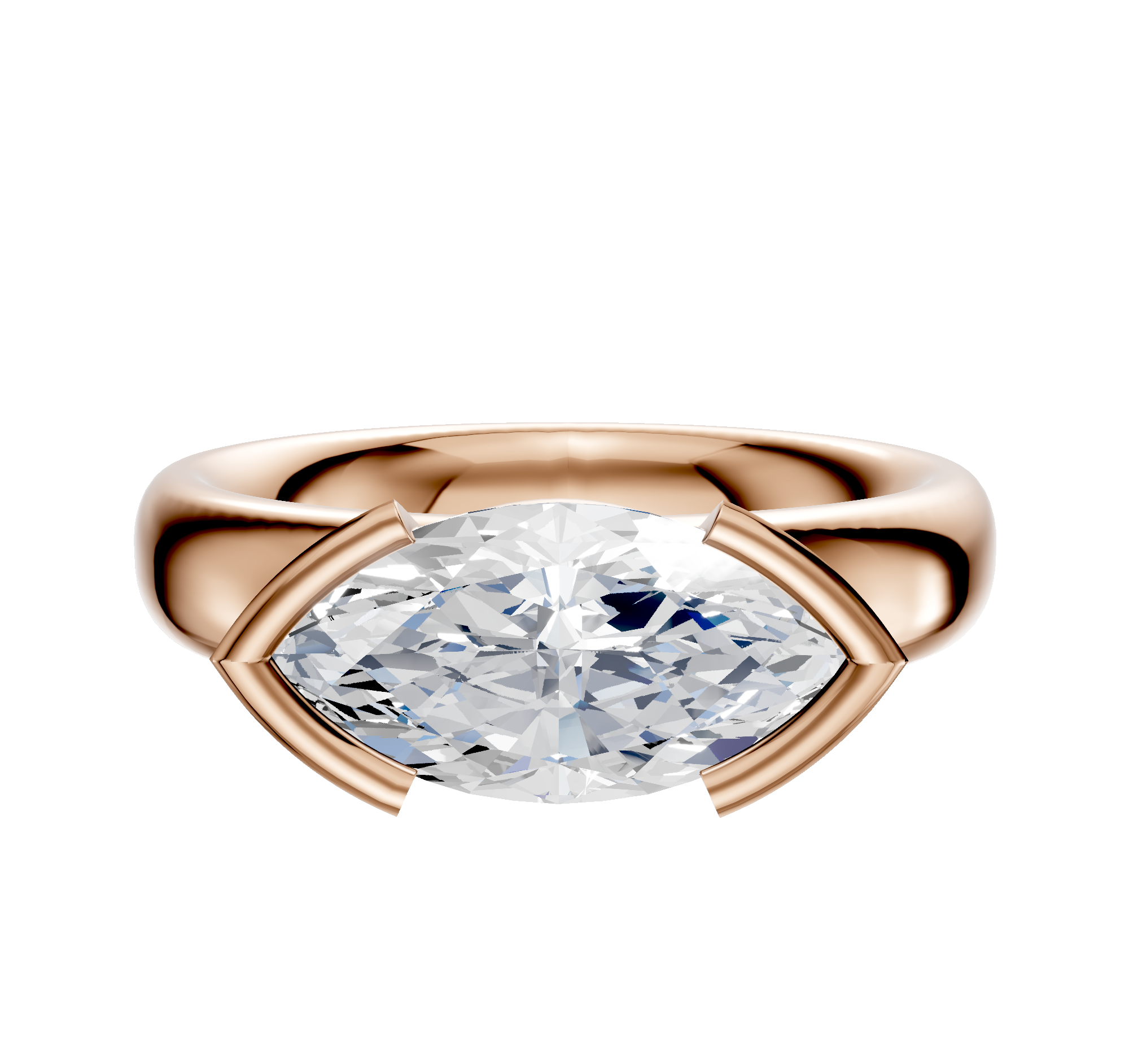 The 18K Rose Gold Bezel Half Bezel East/West Classic Dome 4.0mm Engagement Ring showcases a horizontally set marquise-cut diamond with four bold prongs, displayed on a plain white background.