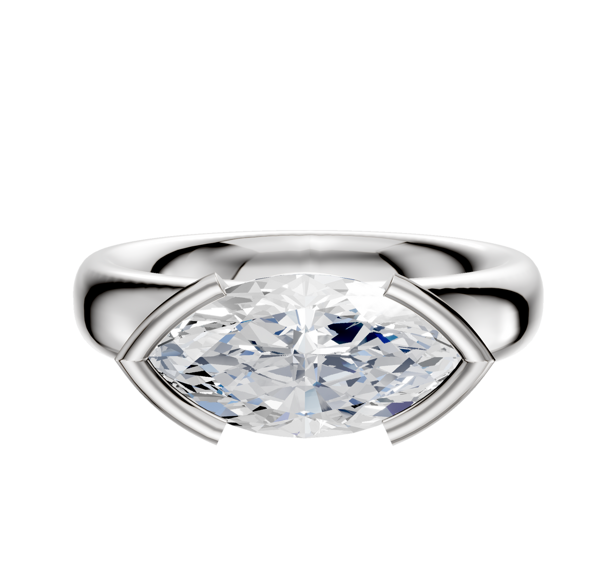 A 14K white gold bezel half bezel East/West classic dome 4.0mm engagement ring is displayed on a plain white background.