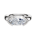 A 18K white gold bezel half bezel east/west classic dome 4.0mm engagement ring, featuring a large marquise-cut clear gemstone in a four-prong setting, displayed against a plain white background.