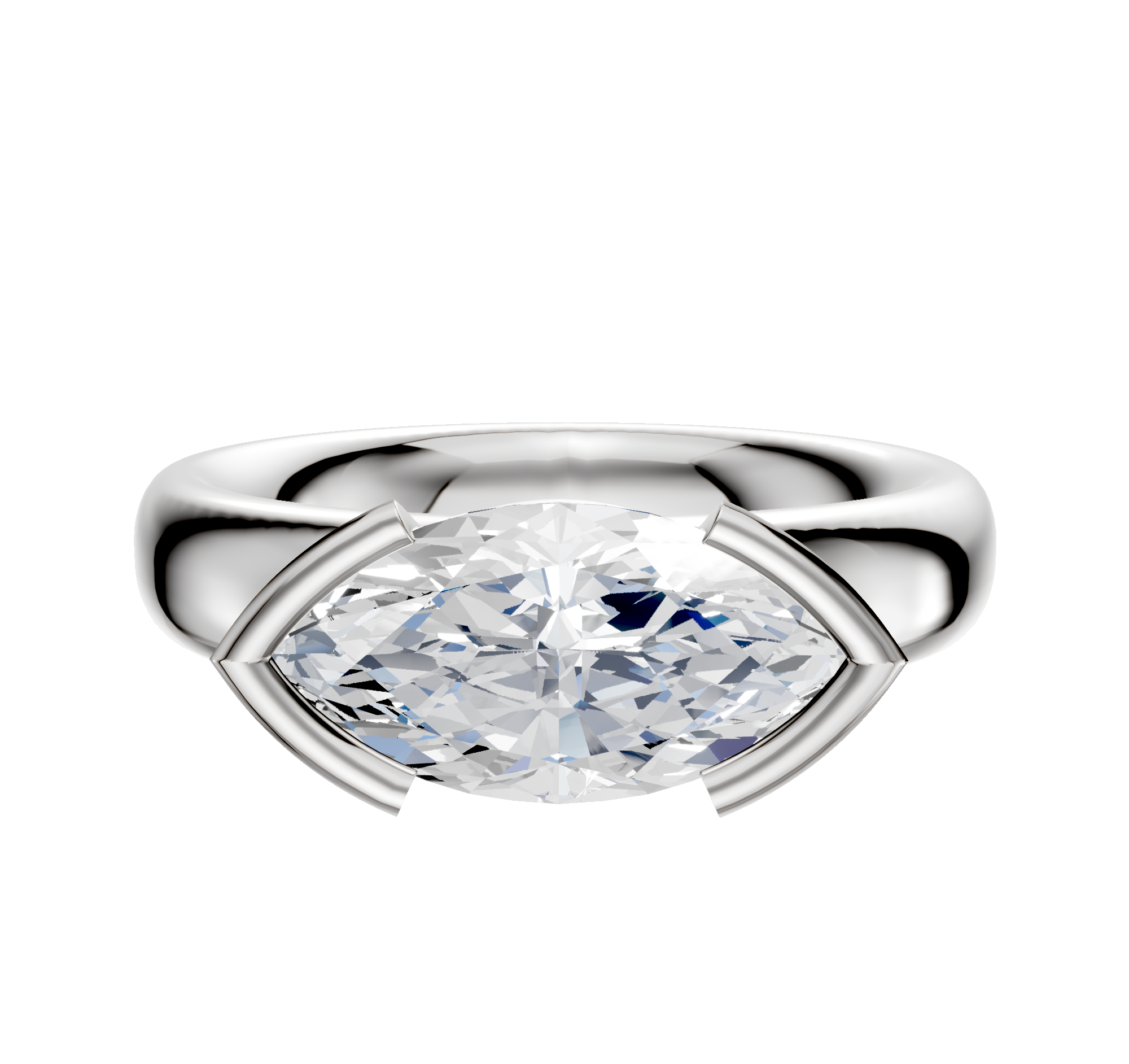 The Platinum Bezel Half Bezel East/West Classic Dome 4.0mm Engagement Ring showcases a large, horizontally-set gemstone in a modern band with minimalist prong settings on each end.