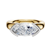 The 14K Two Tone Bezel Half Bezel East/West Classic Dome 4.0mm Engagement Ring features a large oval clear gemstone in the center, secured by two silver prongs on each side, displayed against a plain white background.