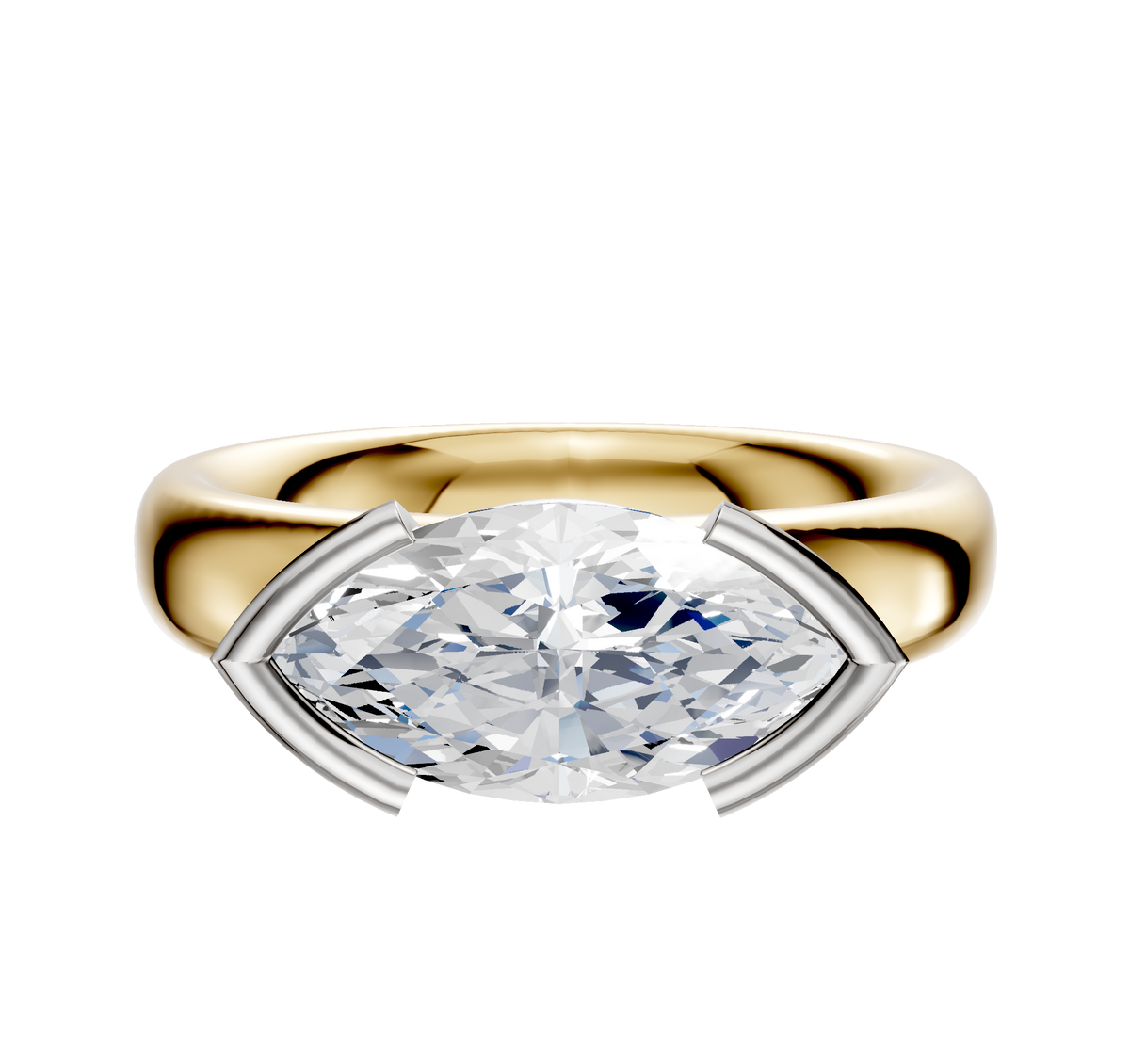 An 18K two-tone bezel half bezel East/West Classic Dome 4.0mm engagement ring with a wide band and marquise-cut diamond held by silver prongs, displayed against a plain white background.