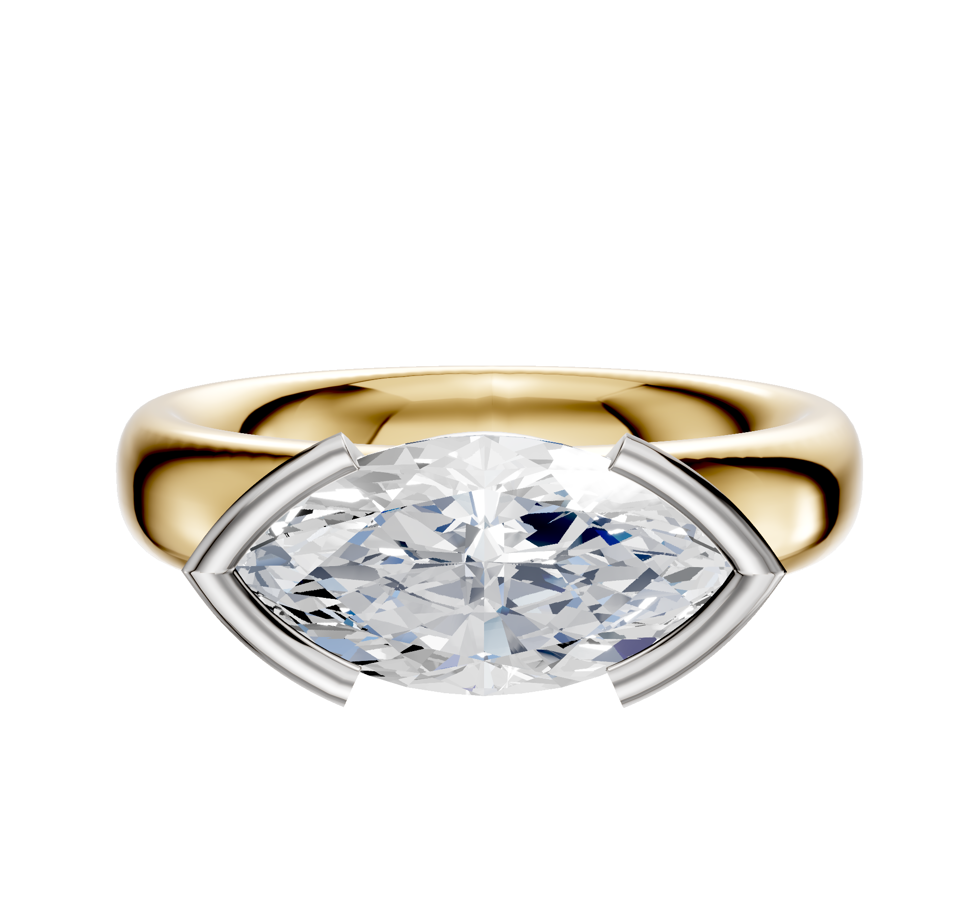 An 18K two-tone bezel half bezel East/West Classic Dome 4.0mm engagement ring with a wide band and marquise-cut diamond held by silver prongs, displayed against a plain white background.