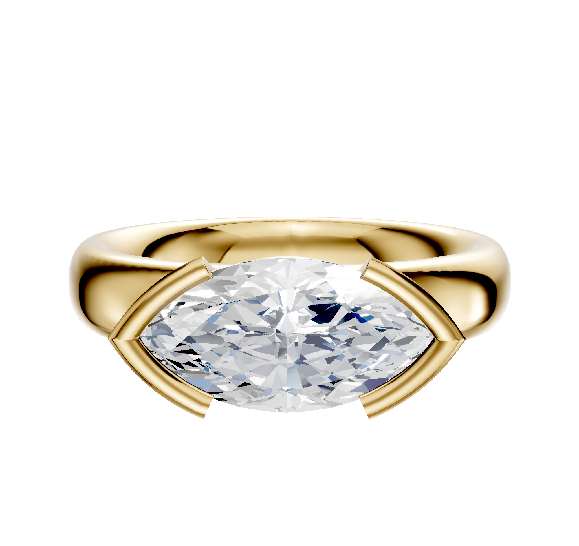 An 18K yellow gold Bezel Half Bezel East/West Classic Dome 4.0mm engagement ring with a horizontally set marquise-cut diamond and four unique gold prongs, displayed on a polished gold band against a white background.
