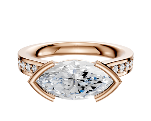 14K Rose Gold Bezel Half Bezel East/West Cathedral Flat 1-Row-Pave 2.5mm Engagement Ring