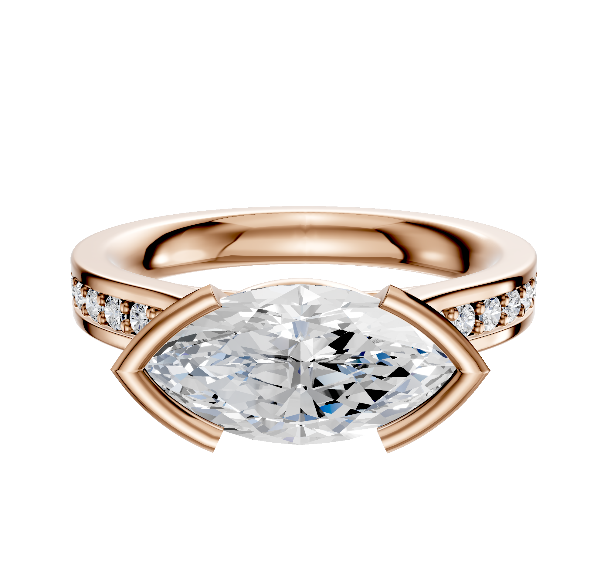 A 14K rose gold engagement ring featuring a flat east/west cathedral design, bezel and half bezel settings, and a 1-row pave of small diamonds along the 2.5mm band.
