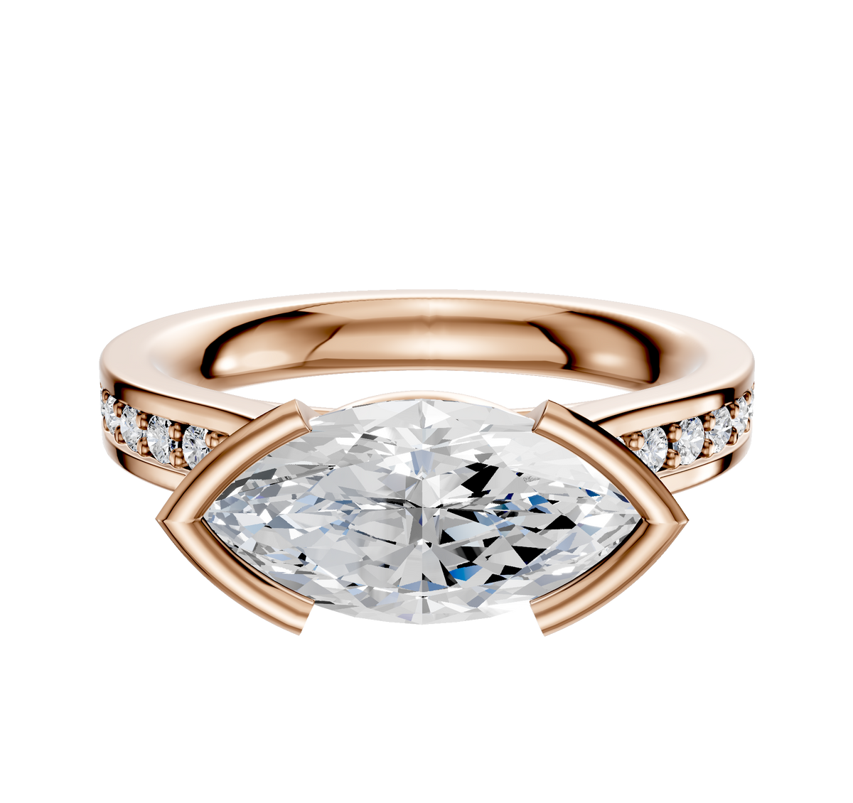 An 18K rose gold engagement ring featuring an east/west bezel-set center, a cathedral flat band, and a single row of pave diamonds along its 2.5mm width.