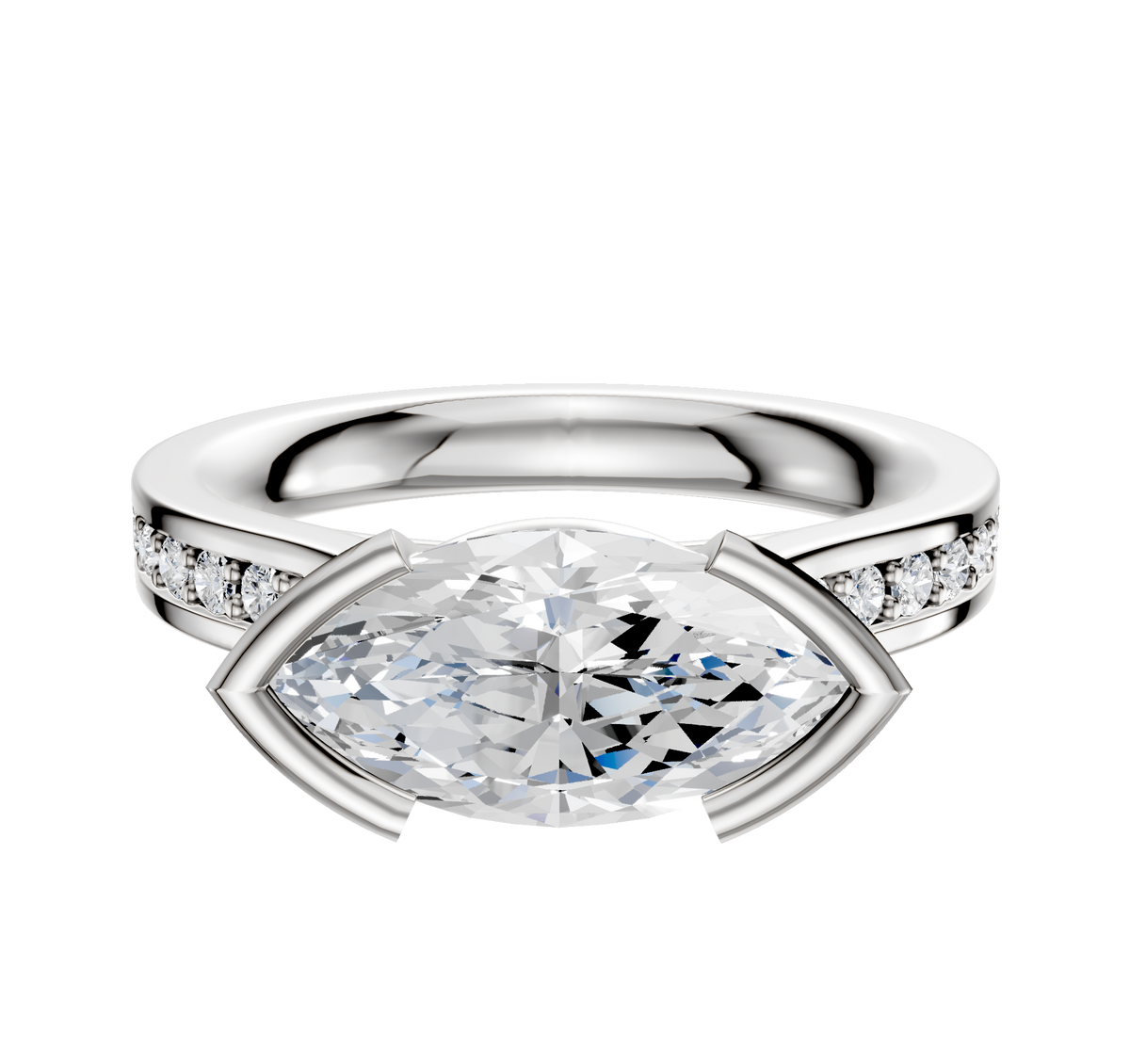 A platinum engagement ring featuring a cathedral flat band with half bezel east/west setting and a 2.5mm row of pave diamonds.