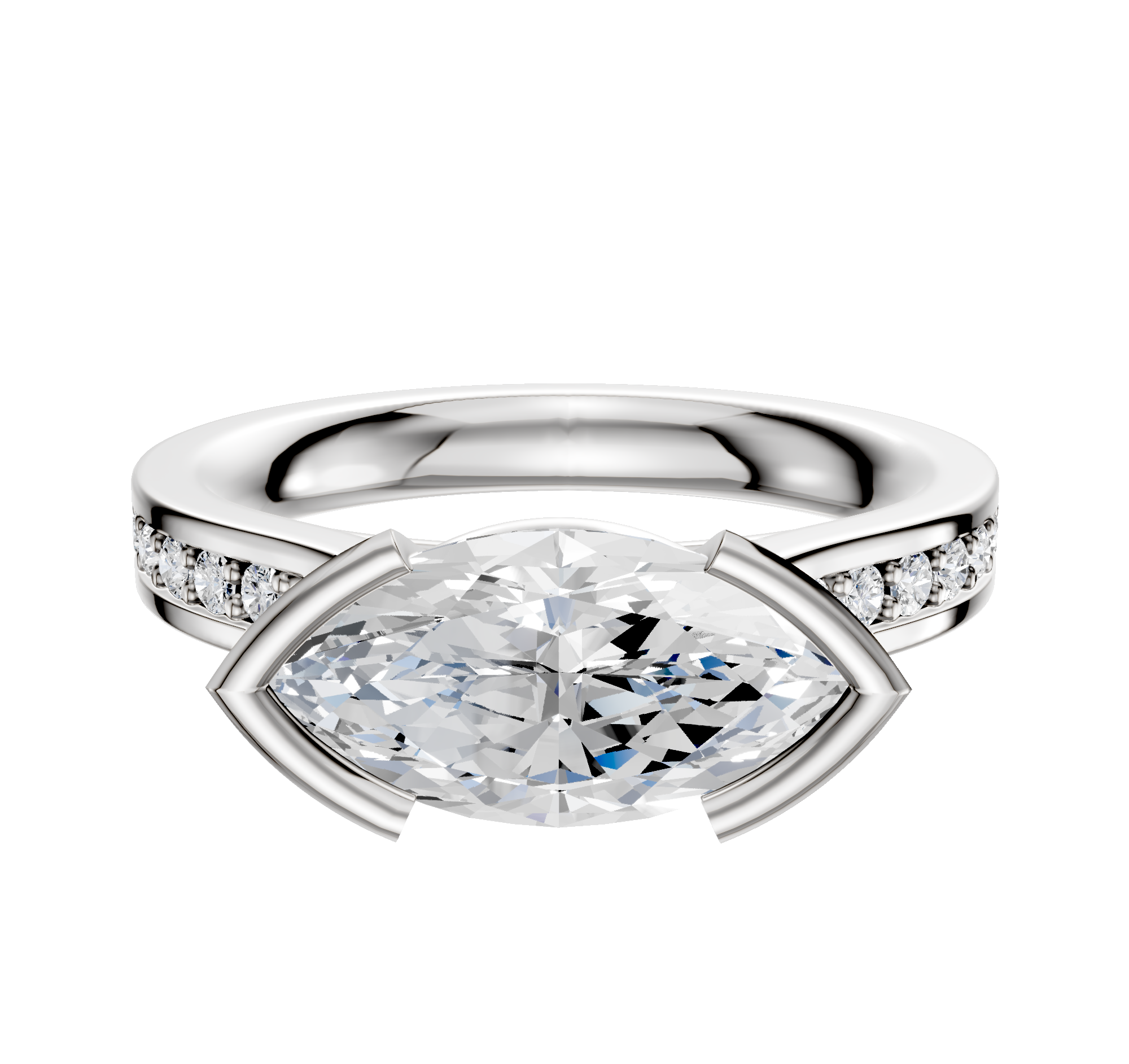 A 14K two-tone engagement ring with a flat band features an east/west cathedral setting and half bezel, adorned with a 1-row pave of small diamonds.