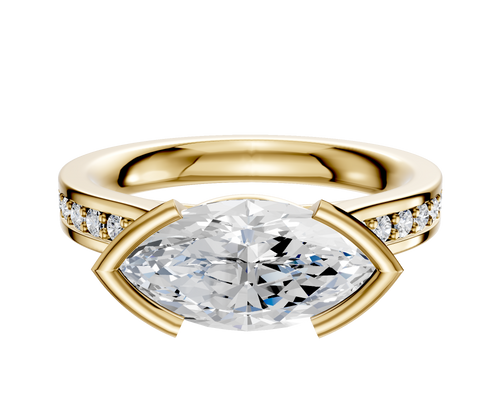 14K Yellow Gold Bezel Half Bezel East/West Cathedral Flat 1-Row-Pave 2.5mm Engagement Ring